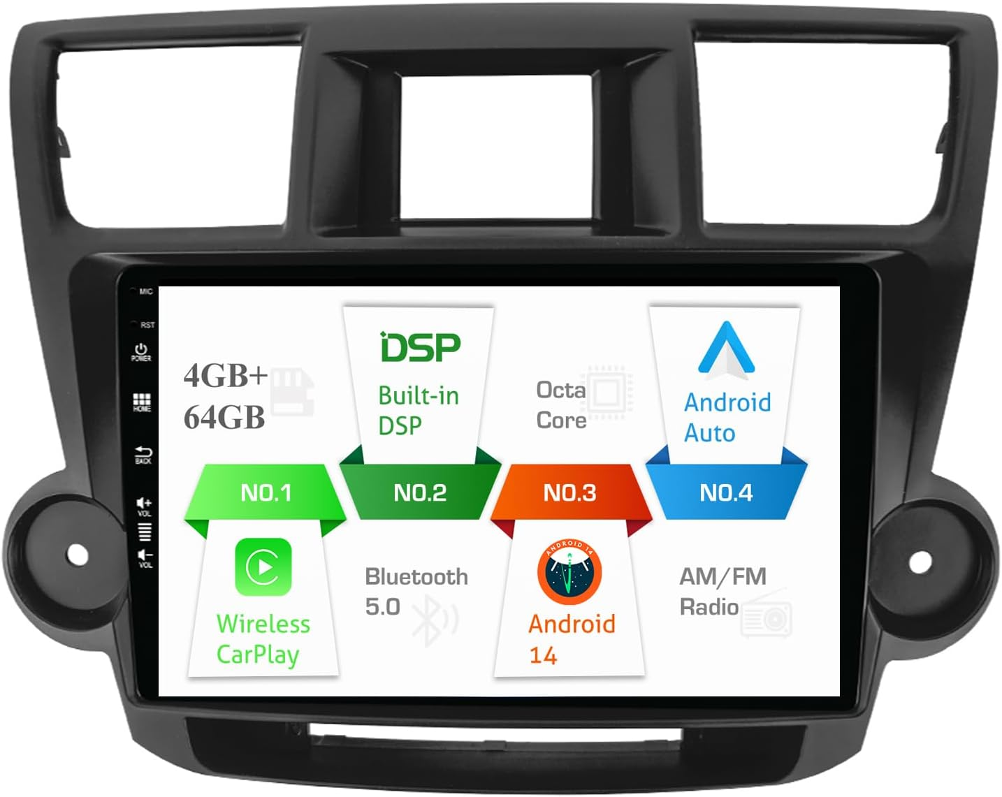Car GPS Navigation Stereo for Toyota Highlander Kluger 2008-2013 Android 14 Head Unit Wireless Carplay/Android Auto/Dsp/Fast-Boot/360 Camera/Bt5.0/Fm/Am/Wifi/Swc-4G+64G image number 1