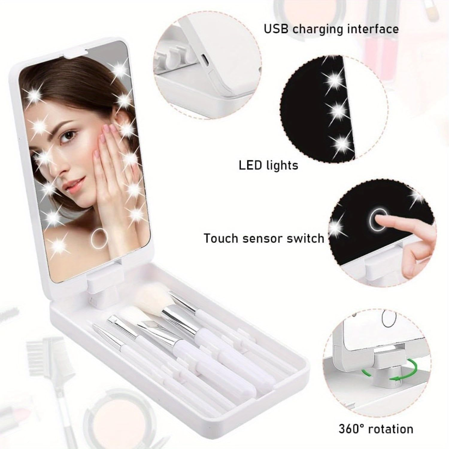 LED Portable Makeup Mirror with 5 Brushes, Rechargeable Travel Mirror Kit, Touch Sensor, Bright Adjustable Lighting, Compact Storage Case (Black) image number 6