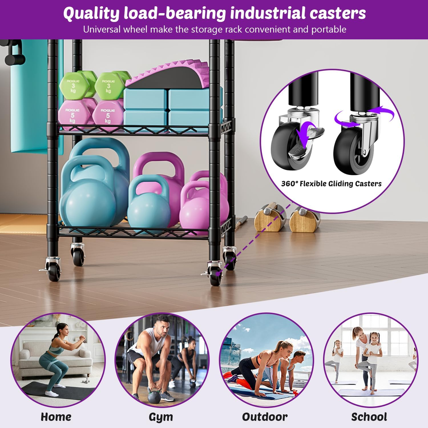 Oscrobie Dumbbell Rack, Home Gym Storage, Yoga Mat Storage Rack, Gym Storage Rack with Wheels and Hooks for Small Space image number 1