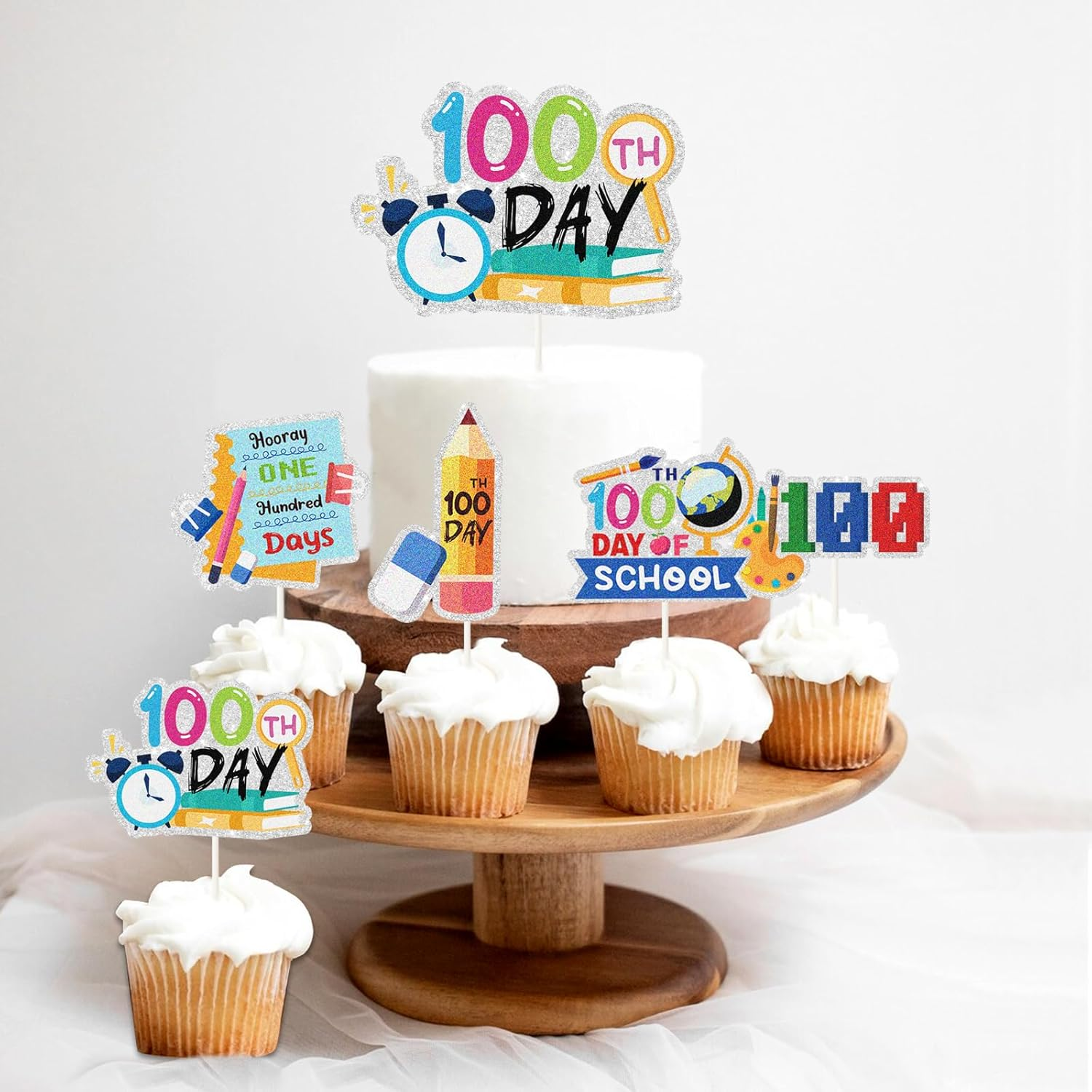 6Pcs 100 Days of School Cake Toppers - Happy 100 Days Cake Decor - Kids Kindergarten Preschool Primary High School Party Supplies image number 2