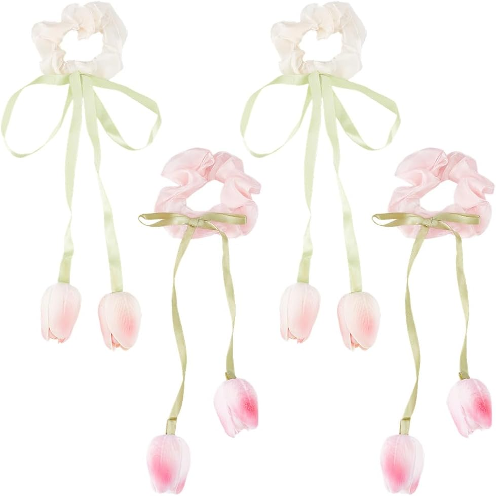 CABODYALS Pack of 4 Hair Bands with Tulip Motif in 2 Colours Ruffles Made of Chiffon Stretchy Polyester for Women, E.G. for Weddings, Parties or Birthdays. image number 3