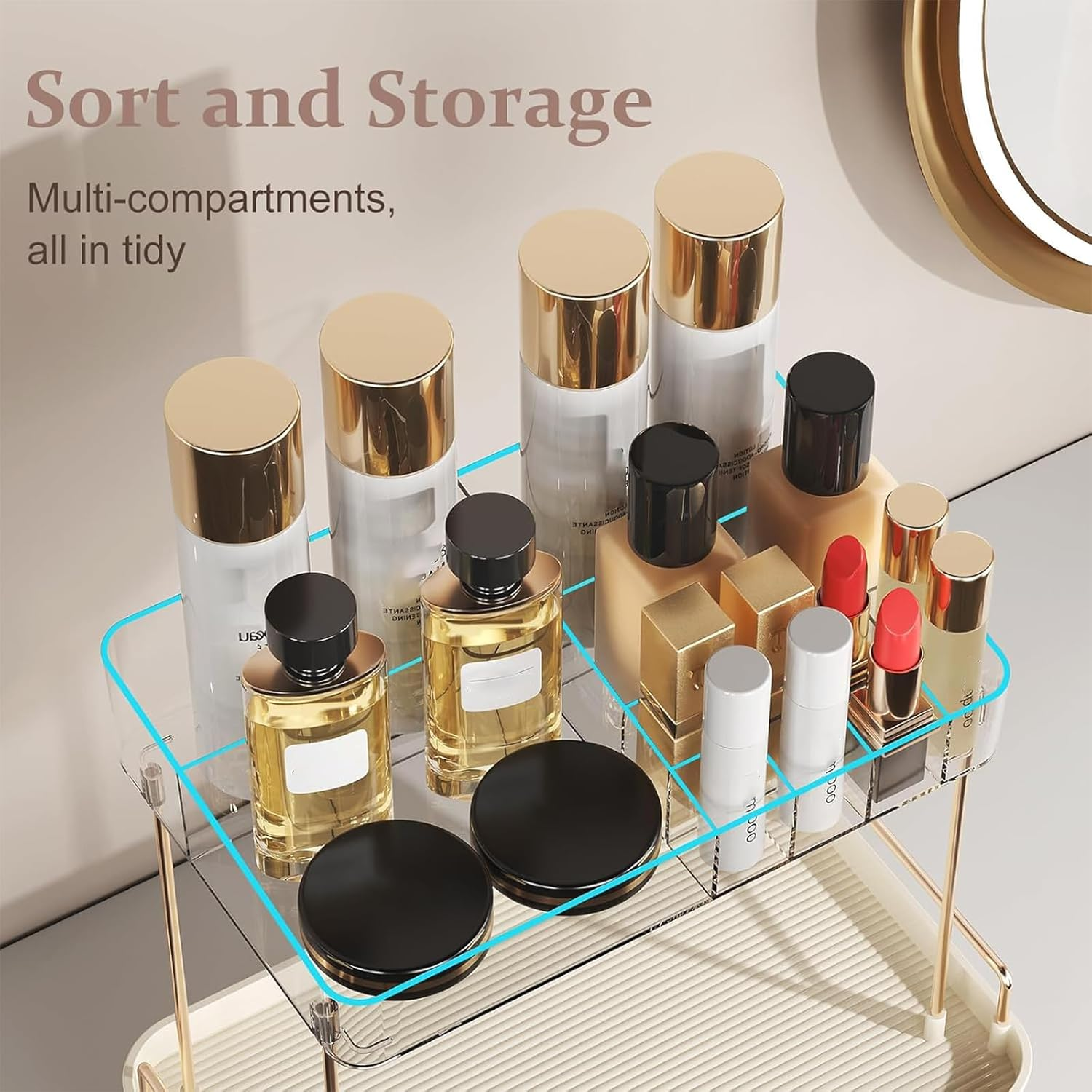 2-Tier Bathroom Counter Organizer with Large Drawer and Compartments, Clear Skincare and Makeup Organizer for Countertop, Multi-Purpose Cosmetic Storage Box image number 5