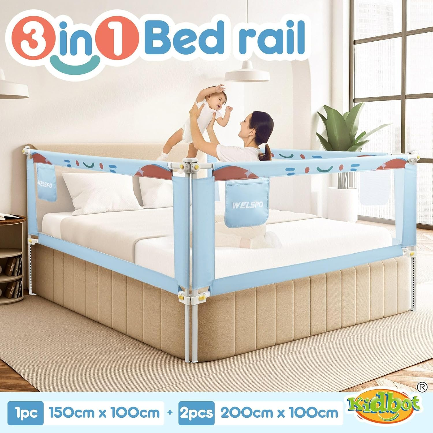 KIDBOT 3Pcs Kids Bed Rail Guard Queen Size,Baby Toddler Side Safety Guard Barrier,Adjustable Child Cot Fence Baby Fall Protection Fabric Double Lock Smurfs,150X100Cm*1Pcs & 200X100Cm*2Pcs image number 3