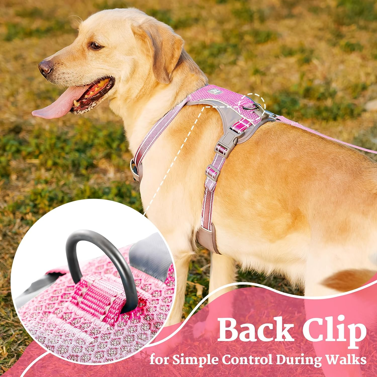 Huntboo No-Pull Dog Harness, Fully Reflective Vest with 2 Leash Clips, No-Choke, Adjustable, Breathable & Durable for Small, Medium & Large Dogs Walking, Training, Running (Light Pink, L) image number 3