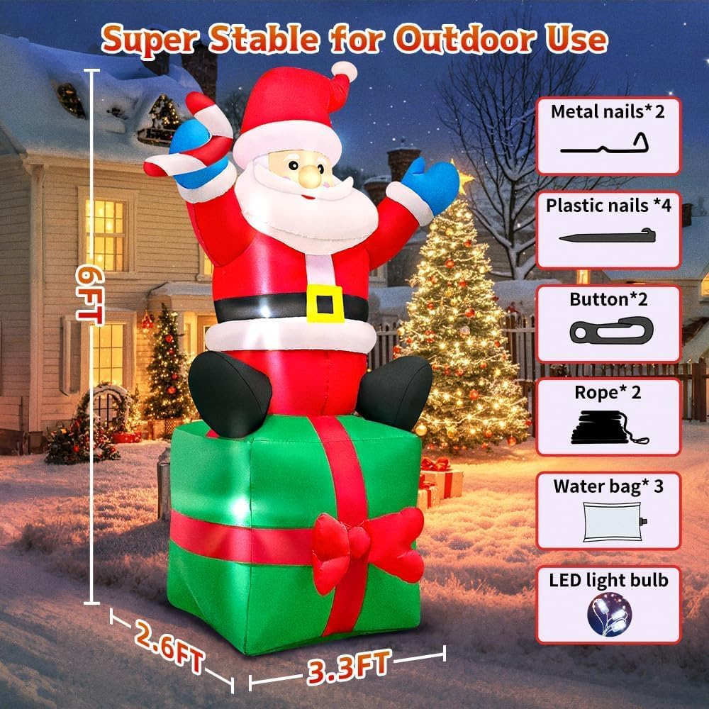 6FT Christmas Santa Inflatables Outdoor Decorations Santa Claus with Gift Box Blow up Yard Decorations for Outdoor Christmas Party Yard Garden Lawn Xmas Decoration image number 3