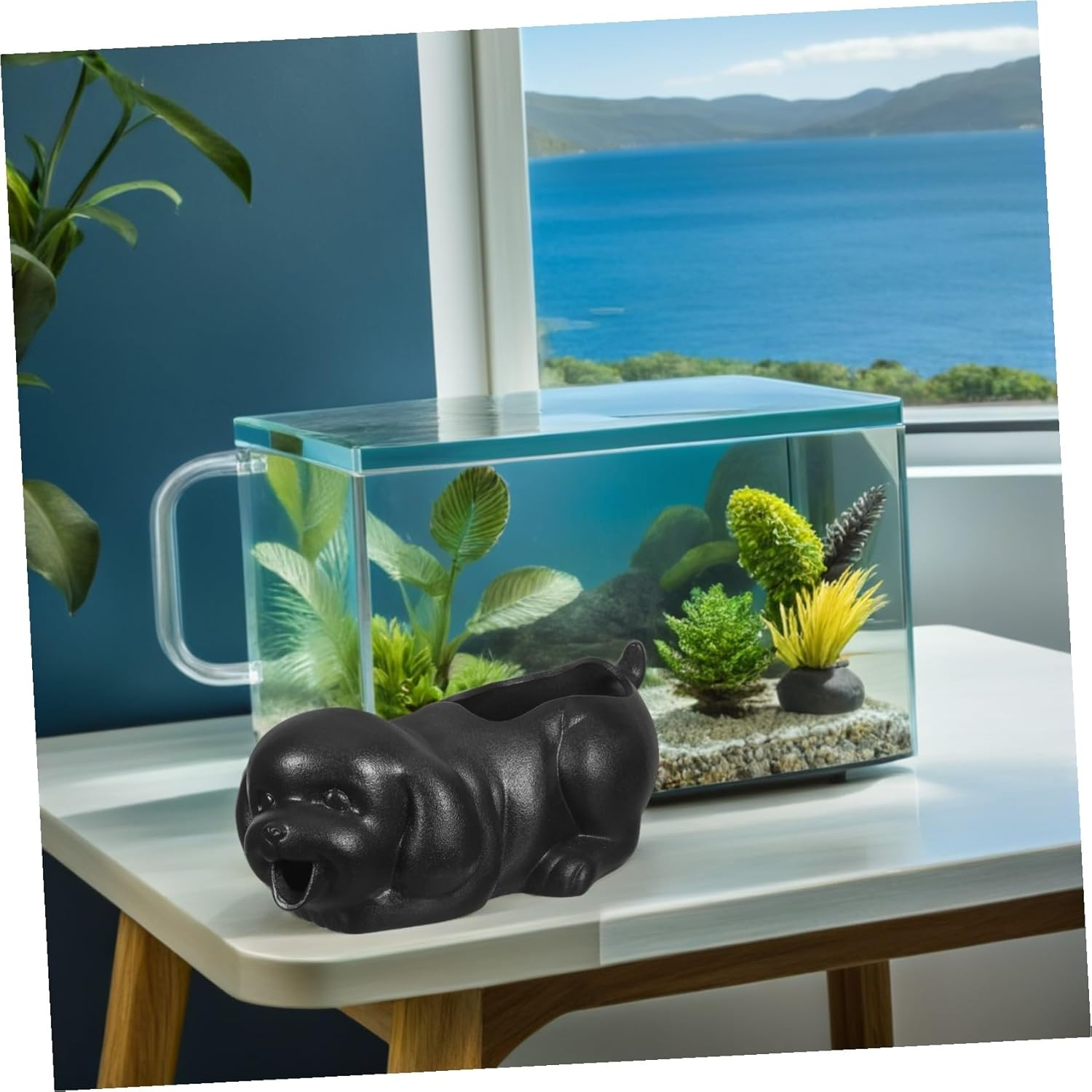 Ceramic Puppy Fountain Spitter Garden Waterfall Jar for Outdoor Patio Decor with Planter for Fish Tank Micro Landscape - Khaki image number 2