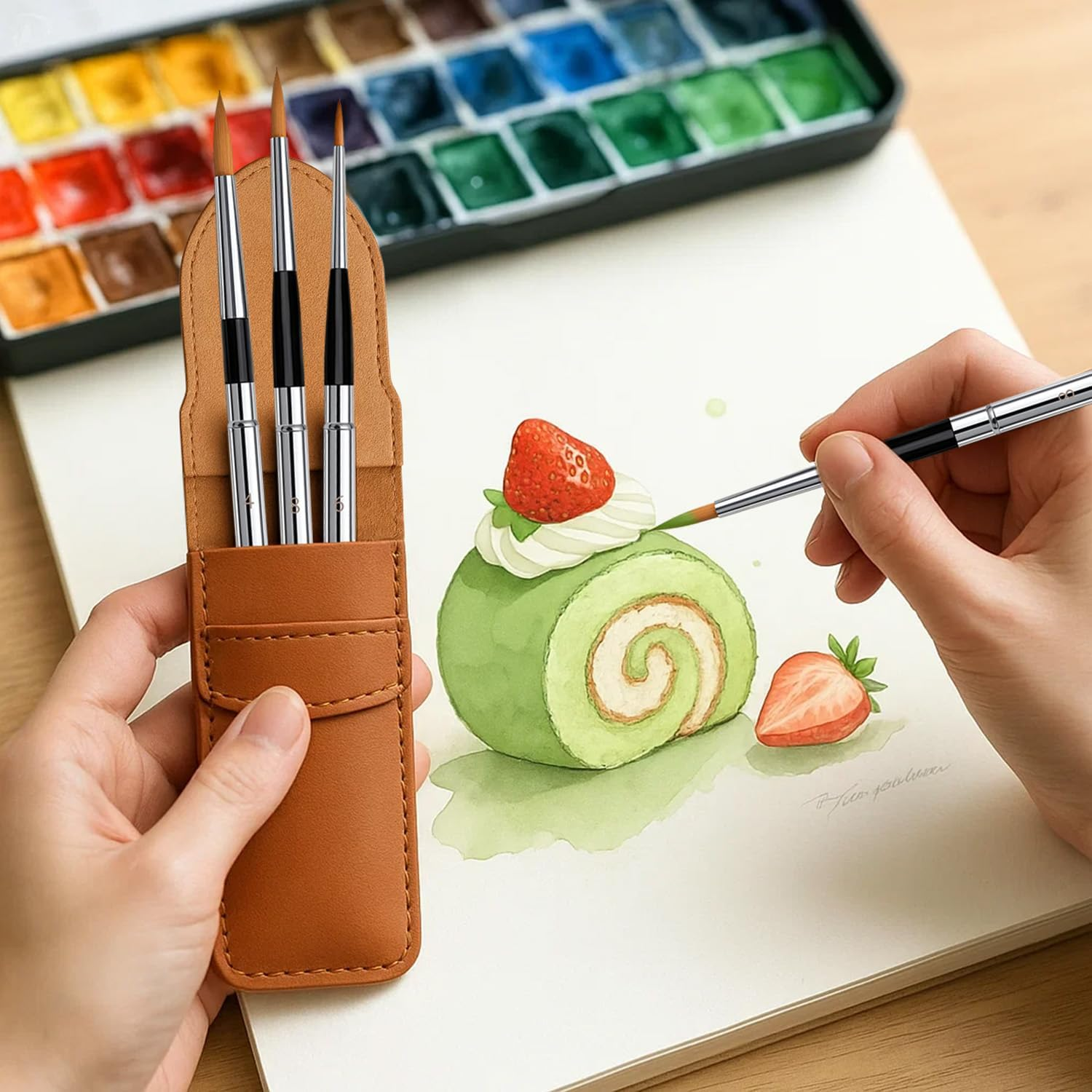 Travel Watercolor Brushes, Travel Kit with Leather Pouch Perfect for Watercolor Acrylics Gouache Ink Painting