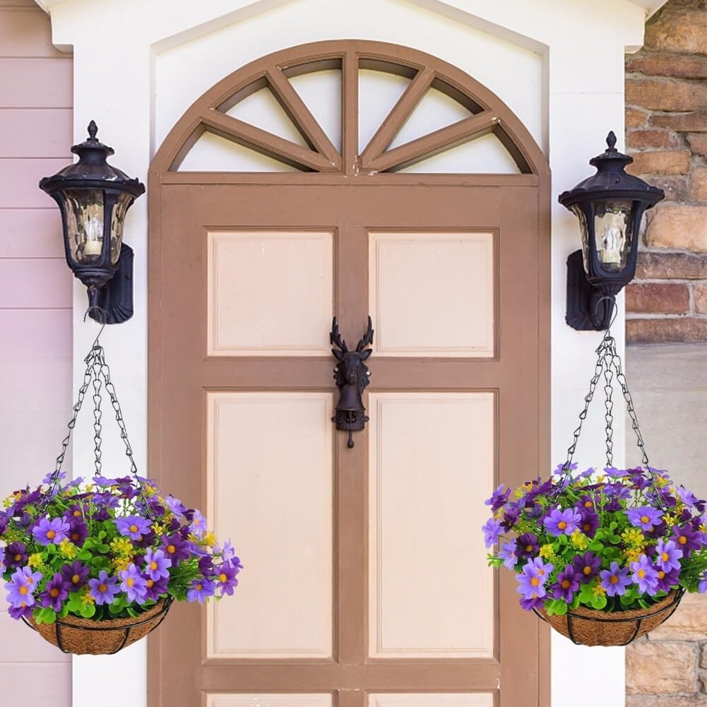 Artificial Geranium Flowers Hanging Basket for Outdoor/Indoor, Fake Flower Arrangement in 11'' Basket (Purple) image number 3