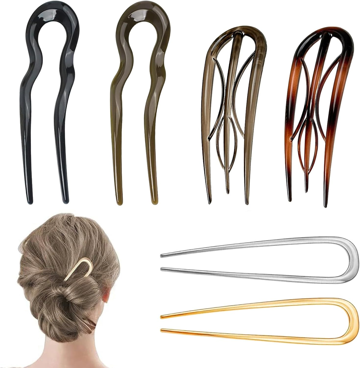 Pack of 6 French Hair Pins, U-Shaped Hair Clips Made of Resin for Women, Large French Hair Pins with 3 Prongs for Thick Hair, Anti-Stress Hair Clips for Wedding, Party, Everyday Use image number 1