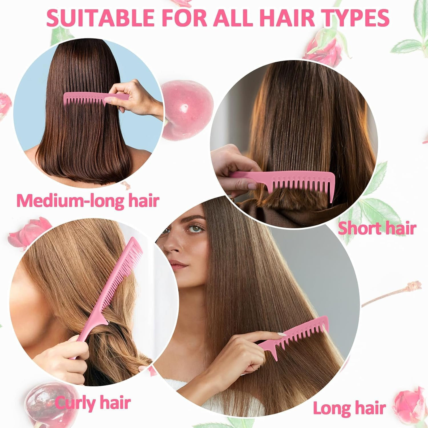 3PCS Pink Wide Tooth & Fine Tooth Combs Set - Detangling Comb for Wet Wavy Curly Thick Hair (Pink, One Size) image number 2