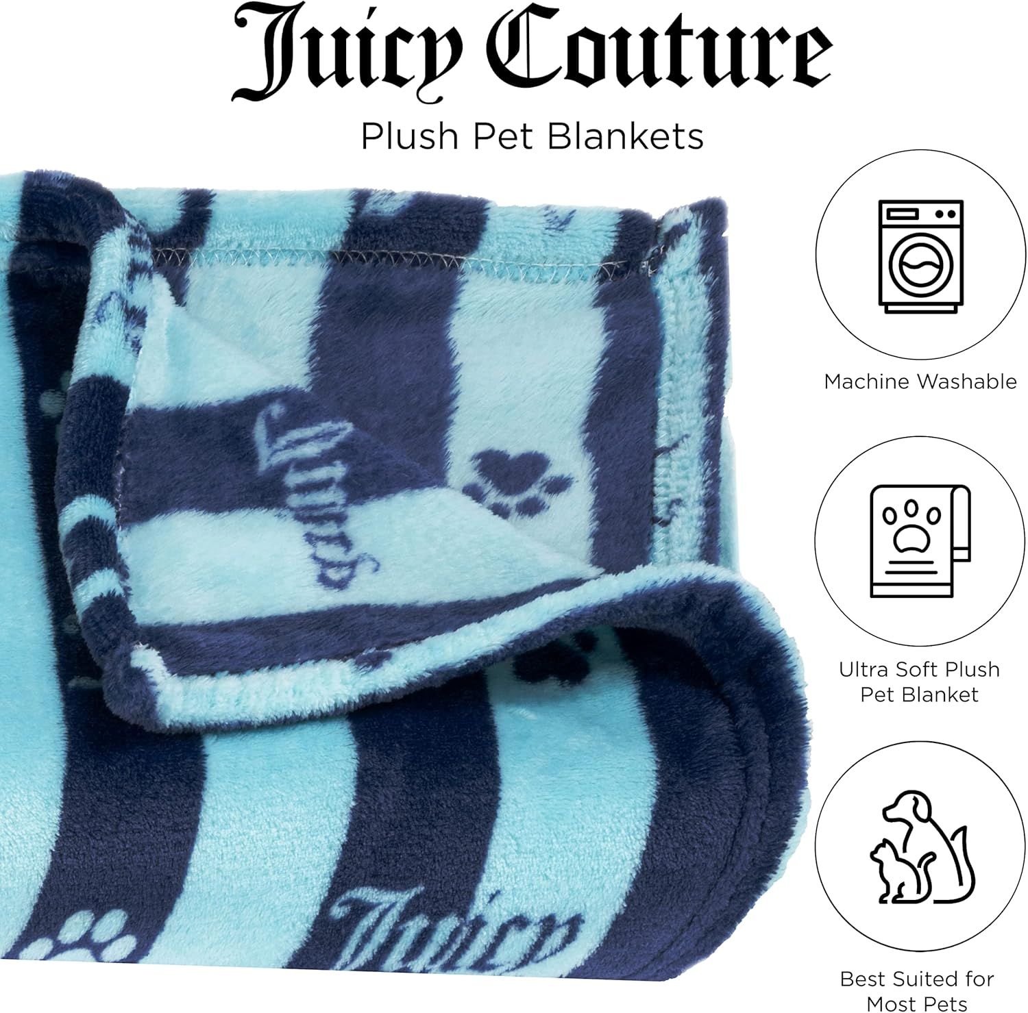 Juicy Couture Navy/Turquoise Blue Stripe Dog Blanket &ndash; Plush Puppy Blanket Throw, Printed, Breathable, Lightweight, Machine Washable, Cat Blanket for Small Medium & Large Pets image number 3