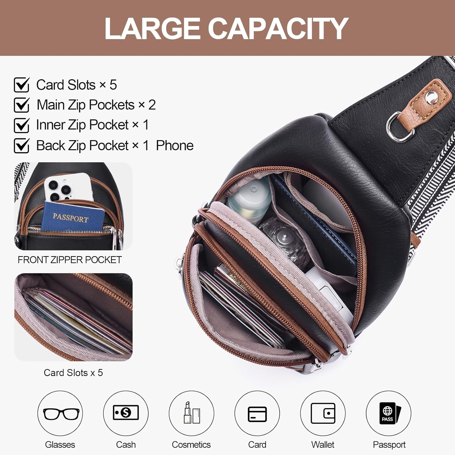 Anti Theft Crossbody Bags for Women Travel Chest Sling Bag Leather RFID Purse Fanny Pack Black image number 1