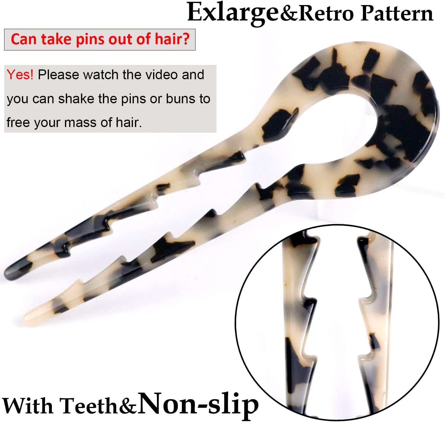 LAPOHI 5.3 Inch 3 PCS Large U Shaped French Hair Pins, Acetate French Hair Sticks Forks for Vintage Hair Updos Buns Thick Hair(Amber Gradient&Tortoise Shell&Creamy Yellow) image number 4