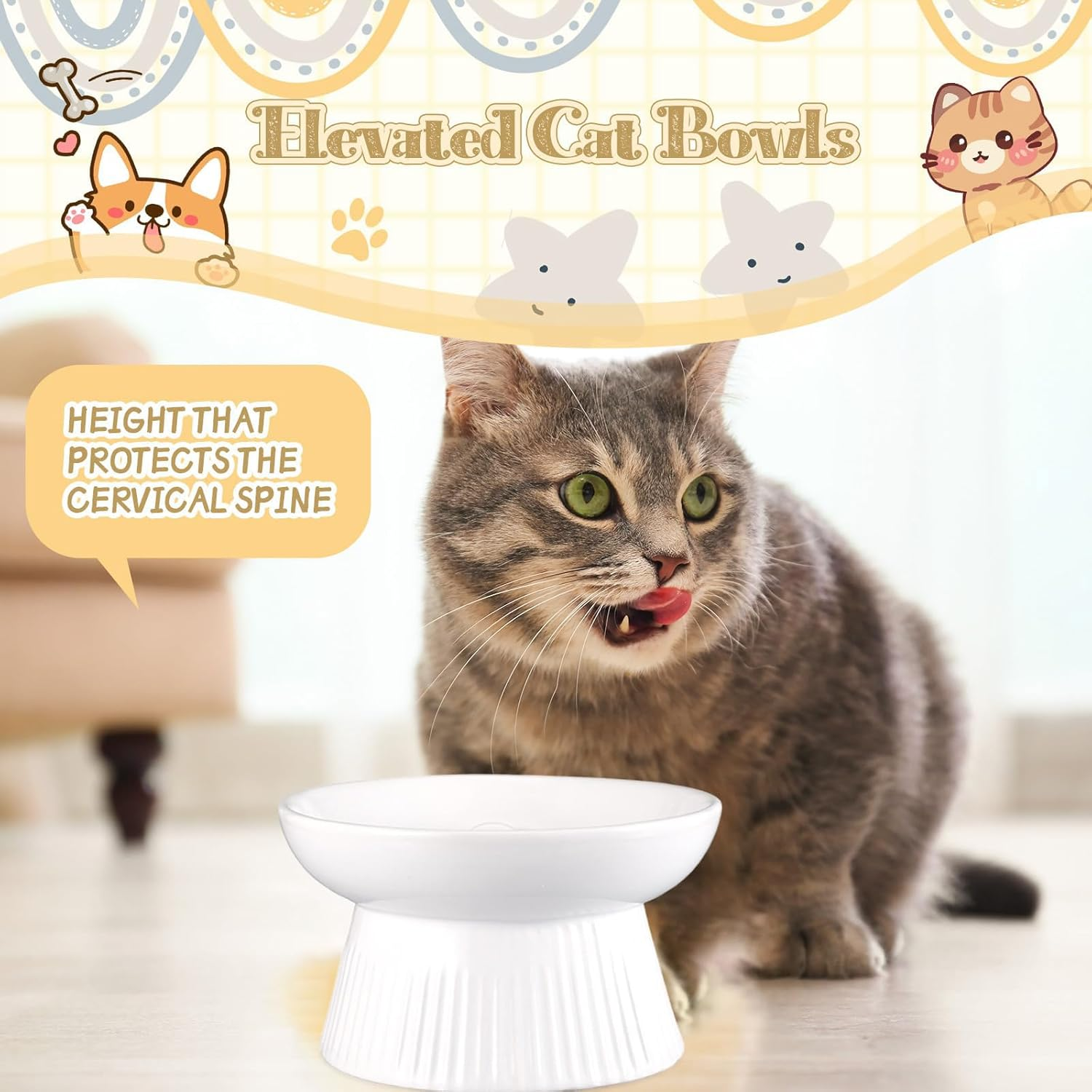 Elevated Ceramic Slow Feeder Cat Bowl &ndash; Anti-Vomiting Raised Cat Food Dish for Dry and Wet Food, Ideal for Dogs and Cats image number 1