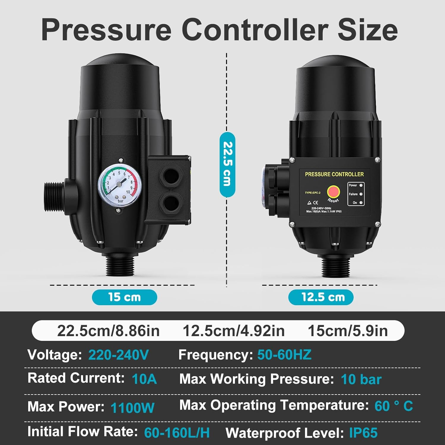Advwin Switch Controller, Automatic Water Pump Controller 1.5-10Bar, IP65 Waterproof, Water Flow Sensor, for Self-Priming Pump Garden Pump image number 4