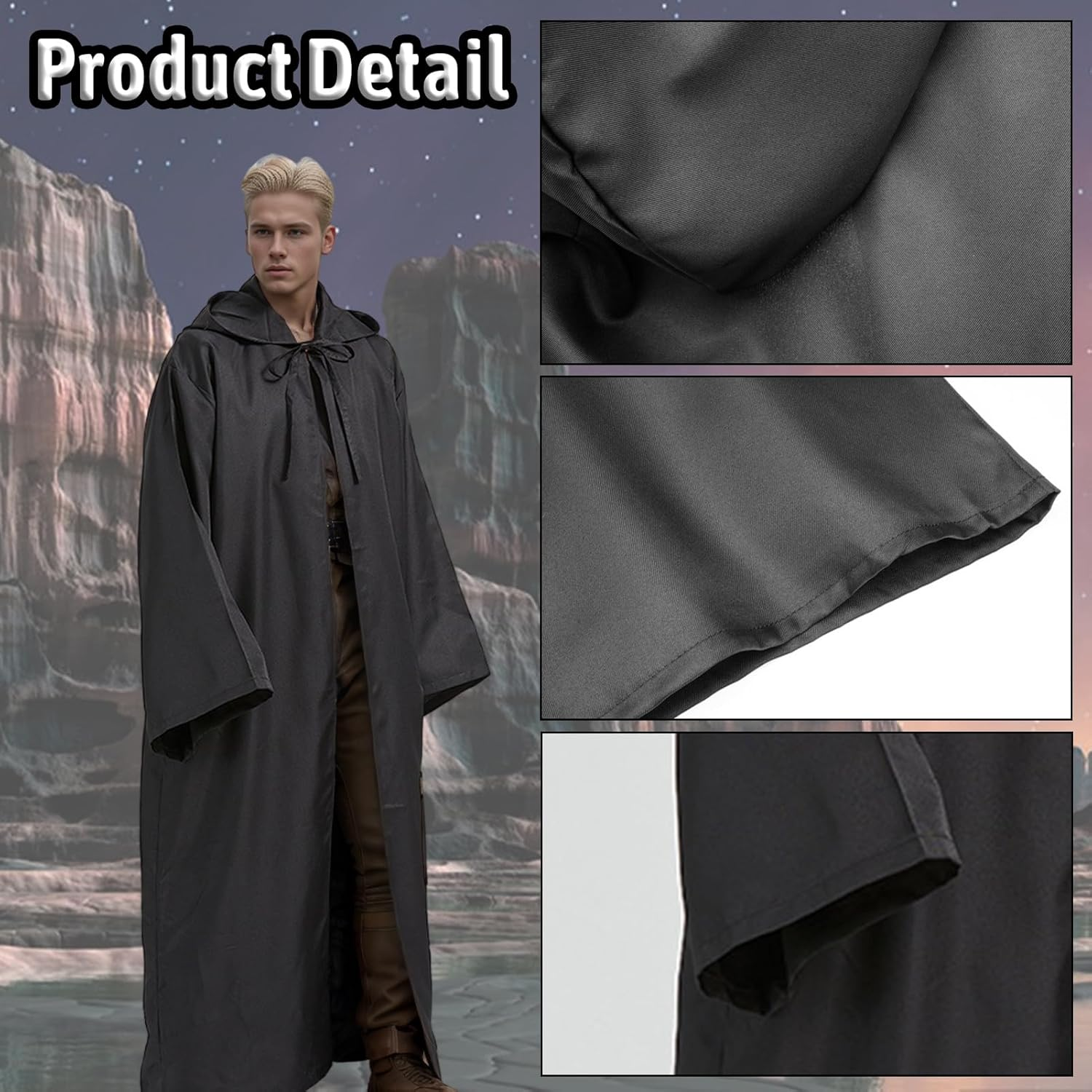 Hooded Cloak Robe Jedi Adult, Jedi Hooded Cape Costume Set with Accessories and Necklace Wizard Master Knight Robe Costume Cosplay for Halloween Masquerade Balls image number 2