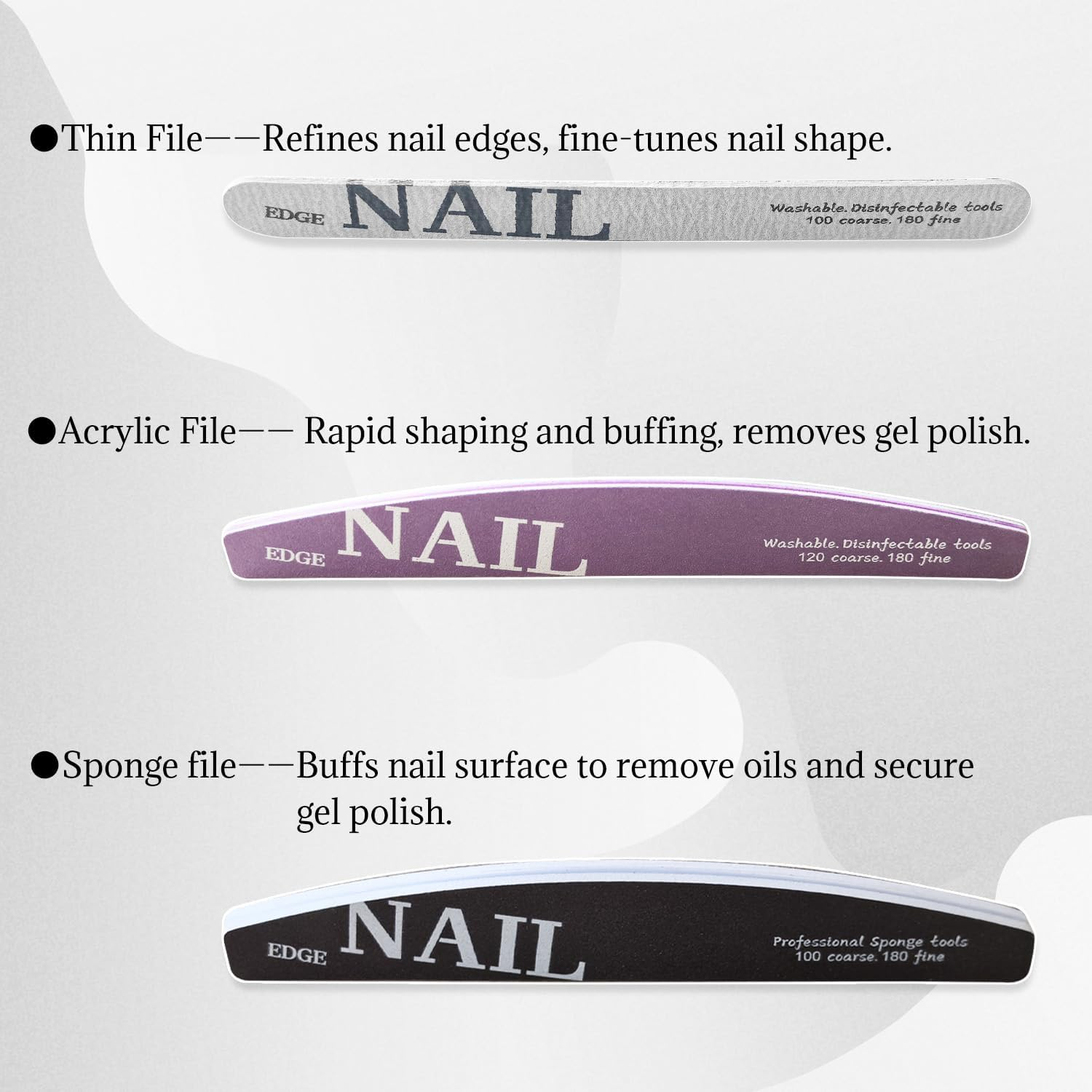 BOROLA 3PCS Nail Buffers Set for Acrylic & Natural Nails, Double Sided Manicure Tools Kit with Thin, Acrylic, Sponge File for Shaping, Smoothing and Polishing