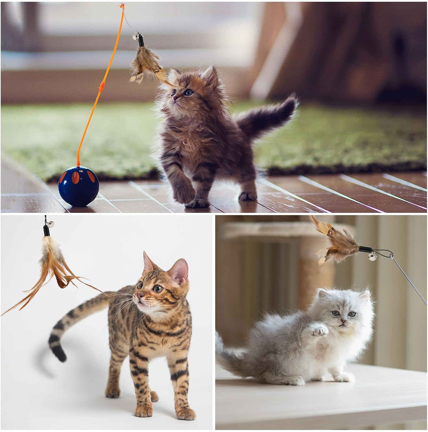 Pack of 8 Cat Feather Toys with Bells, Feather Teaser Cat Toy, Replacement Feather Refills with Bells, Exerciser Play Toy for Kittens or Cats image number 2
