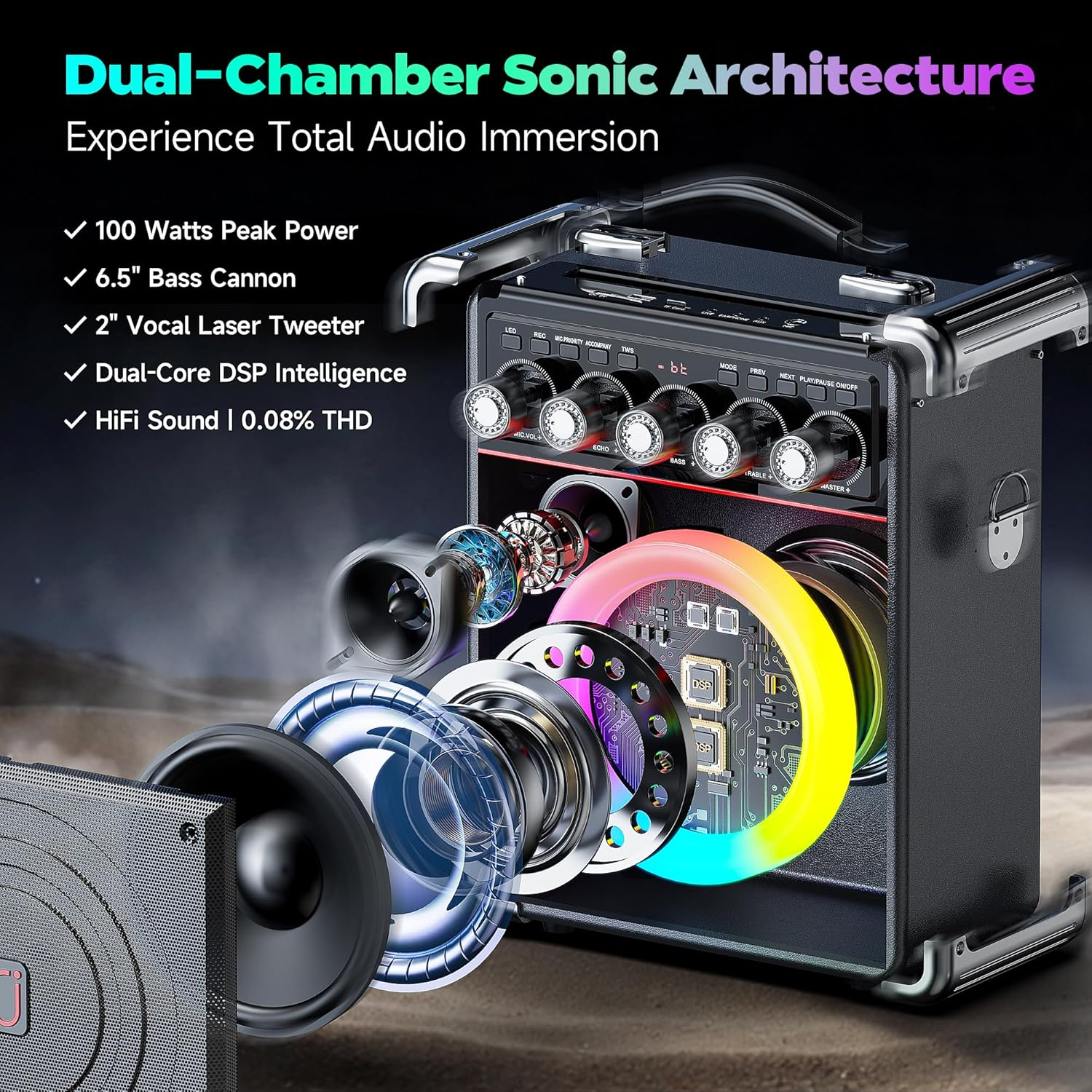 Karaoke Machine with 2 Wireless Mics, Portable Bluetooth Speaker with Disco Lights, Bass/Treble Control & Remote, PA System for Home, Outdoor, Parties & Events, Supports REC, USB, AUX, TF Card