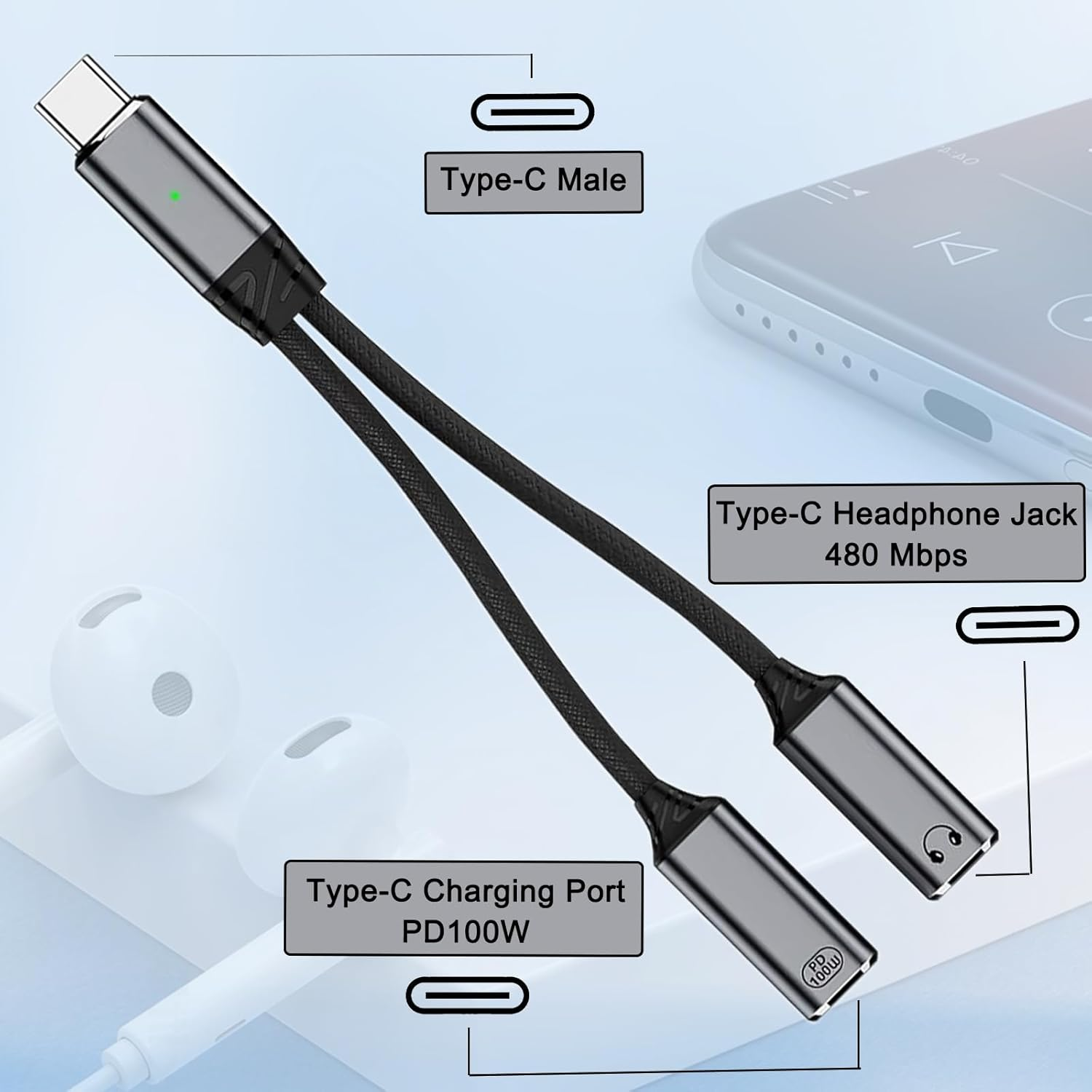 USB C Splitter 1 in 2 Out Dual USB C Headphone and Charger Audio Headphone Adapter Type C 100W PD Fast Charging Splitter Cable Dongle Hi-Fi Sound Compatible with Iphone 15 16 17 Pro Max Ipad Android