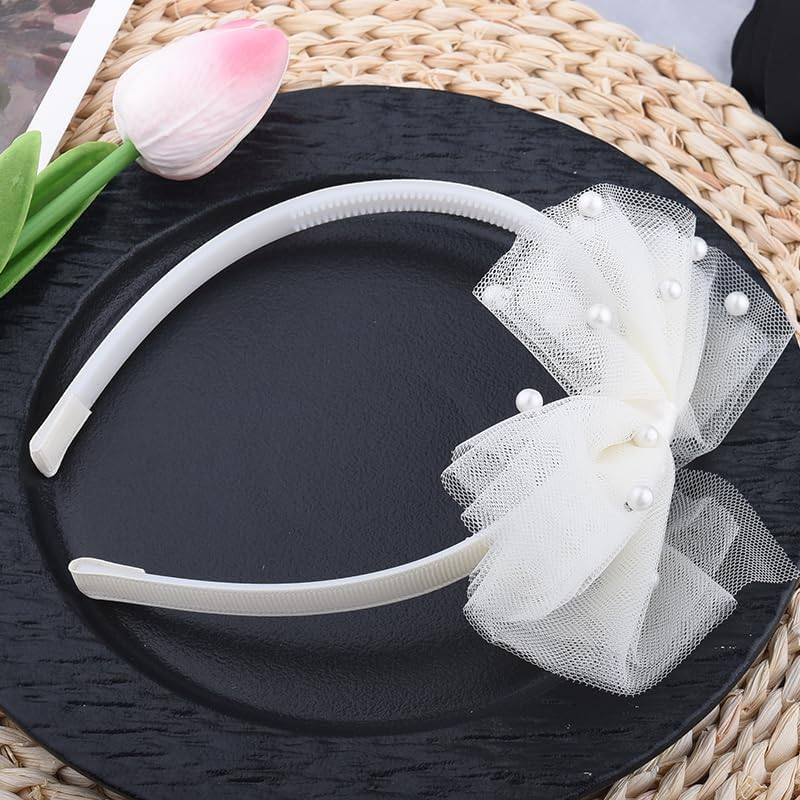 Beige Bow Headband with Pearl for Toddlers Girls Lace Veil Bowknot Hair Hoop Hairband for Girls Hair Bow Accessories Thin Adjustable Headbands No Teeth Big Knotted Bow Hair Band for Kids Girls Women image number 4