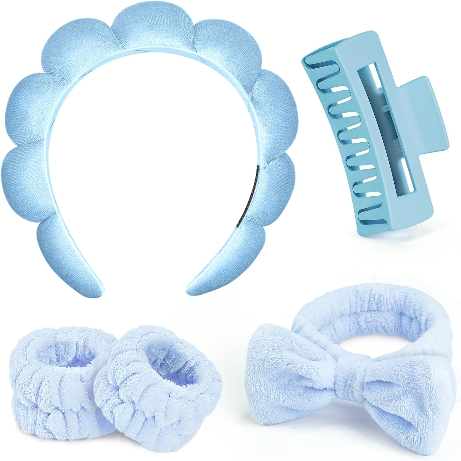 Leezmark 5 Pcs Spa Headband and Wristband Set, Skincare Headbands for Women, Bubble Spa Headband for Washing Face, Terry Cloth Headbands for Girls, Soft Velvet Makeup Headband Hair Accessories, Pink