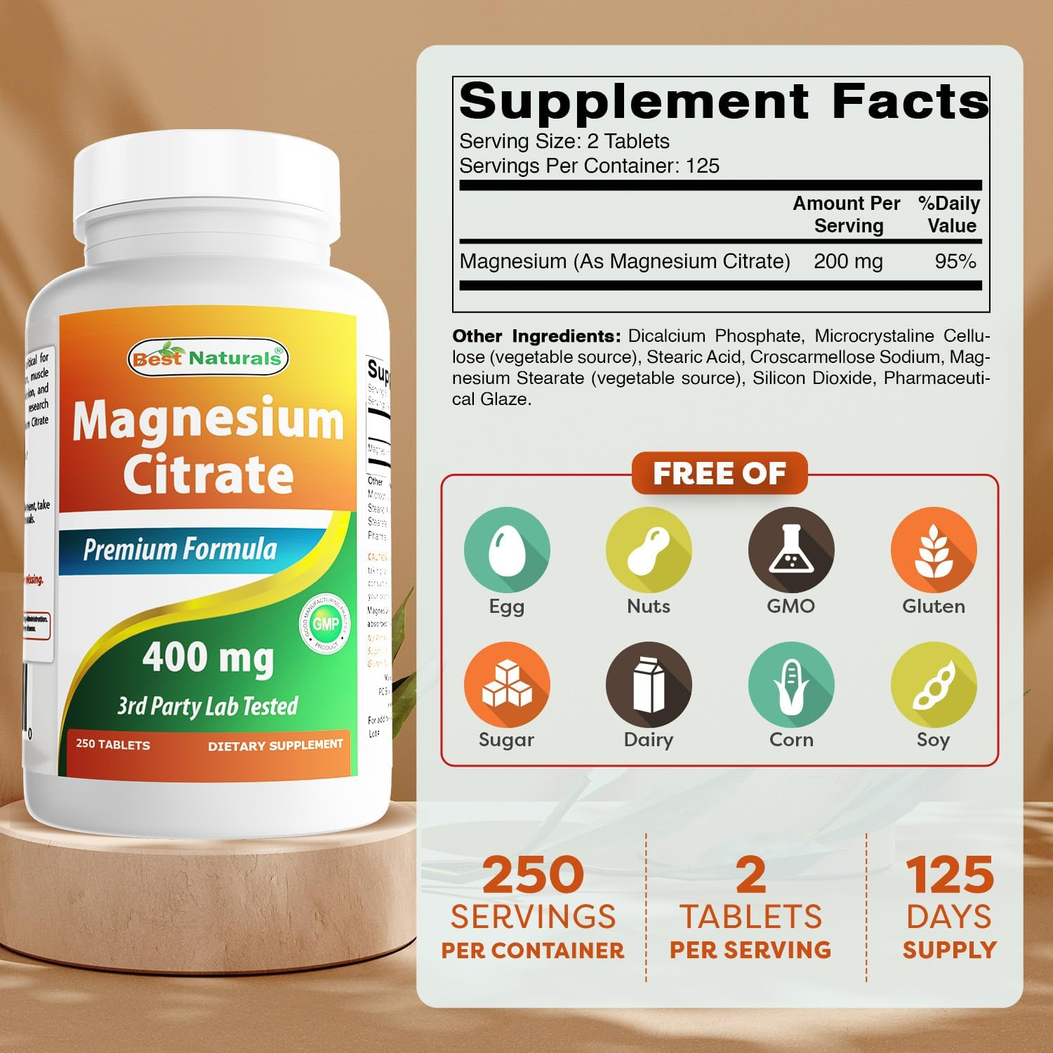 Best Naturals Magnesium Citrate 400Mg 250 Tablets (400 Mg of Elemental Magnesium per 2 Tablets)