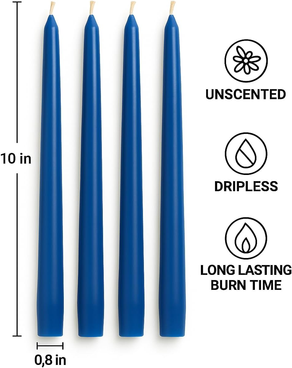 Dinil Blue Taper Candles &ndash; 10 Inch Tapered Candles Set of 4 &ndash; Unscented Dripless Taper Candles &ndash; Decorative Long Candlesticks for Decoration, Festival, Dinner, Party &ndash; Long Burning Time &ndash; Blue image number 1