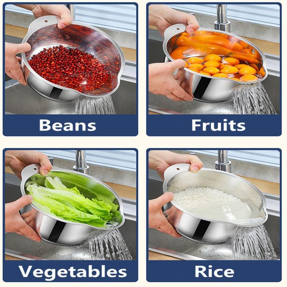 Stainless Steel Rice Washing Bowl Versatile 3 in 1 Colander Strainer for Kitchen Vegetables Fruits Silver 9.84 In image number 5