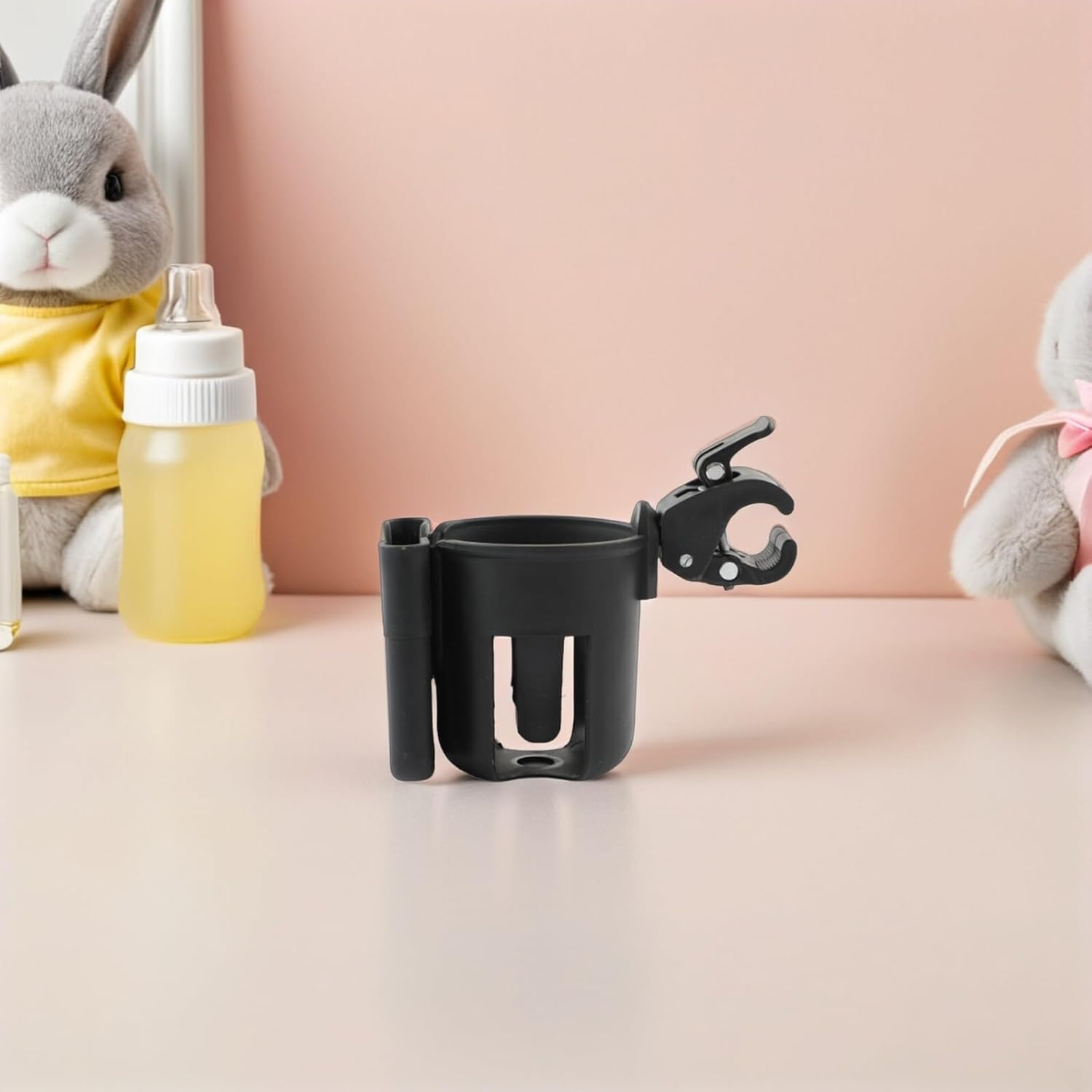 2Pcs Stroller Cup Holder Phone Holder, Universal Plastic Drink Bottle Rack for Pram, Pushchair and Scooter, Black Organizer for Bottles and Sippy Cups, Travel Accessories image number 1