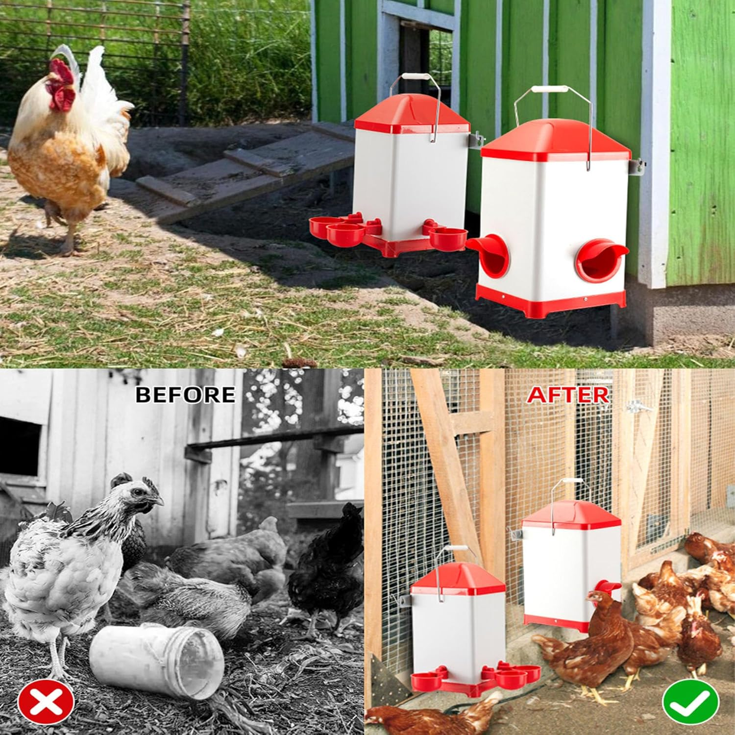 CLOUDSEASON Chicken Feeder and Waterer Set 8Kg Auto Chicken Feeders and 4L Poultry Waterers 4 Auto-Fill Water Cups and 2 Feeding Ports with Rain Hood