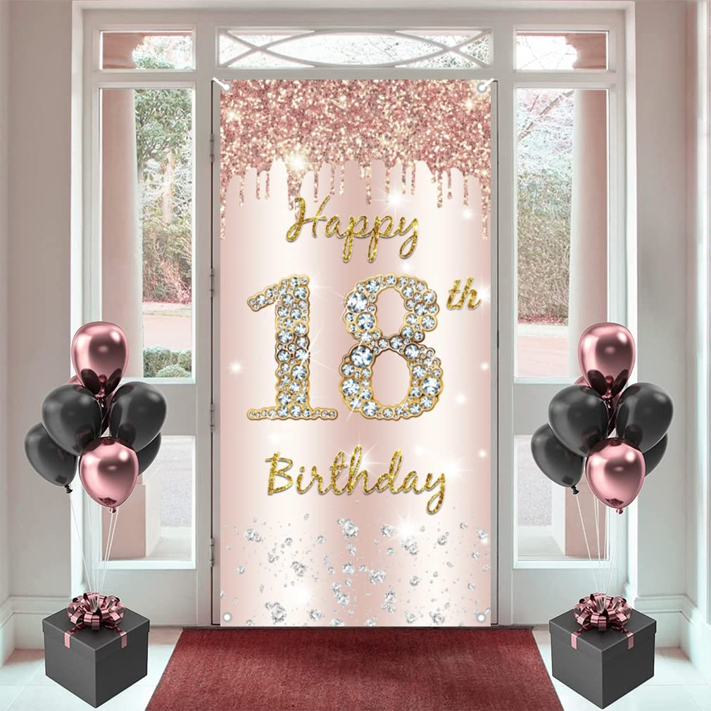 18Th Birthday Decorations for Girls, Happy 18Th Birthda Y Backdrop Banner Rosegold Fabric Sign Poster, Girl 18 Birth Day Door Banner Party Welcome Sign image number 3