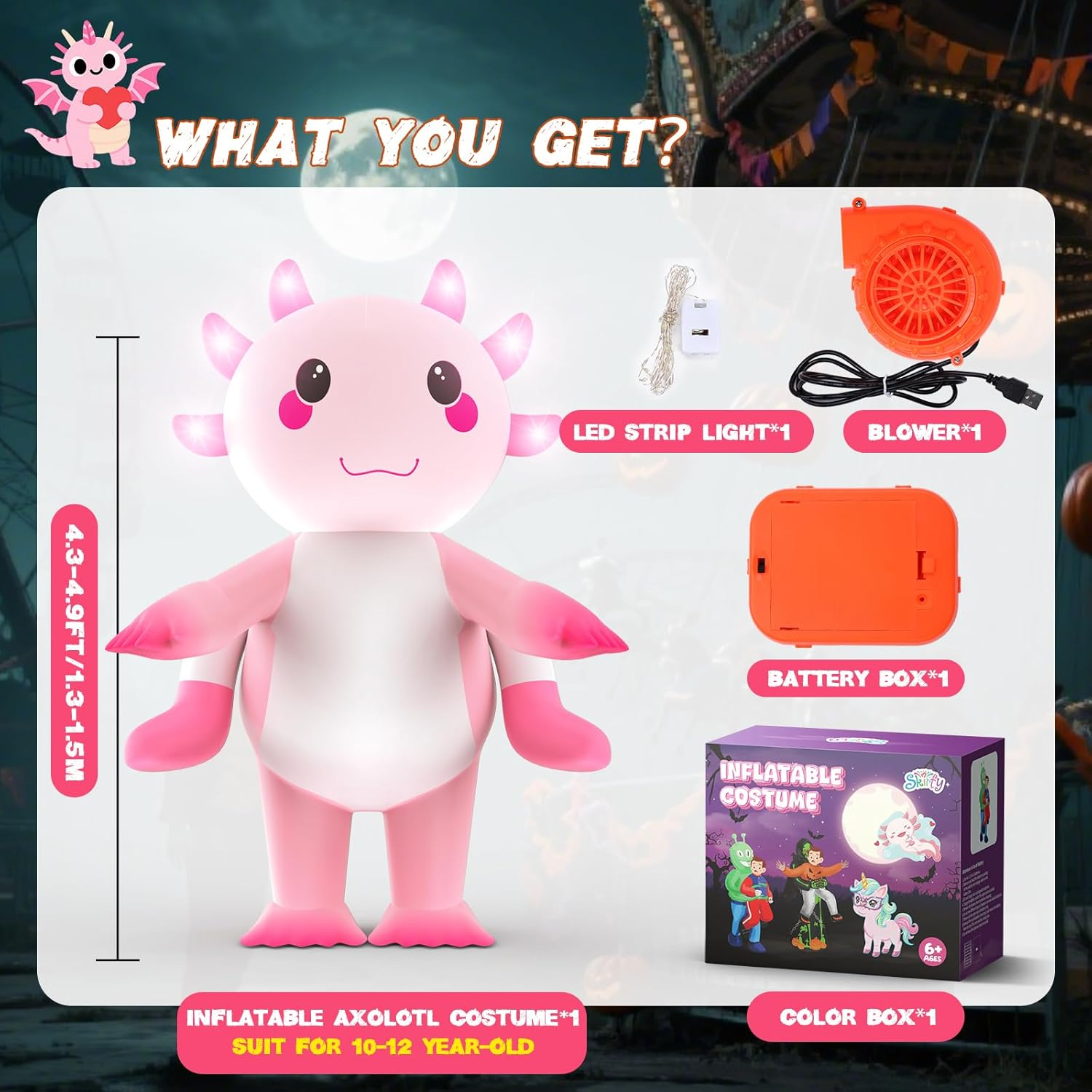 Inflatable Costume for Kids,Inflatable Axolotl Riding Costume with Lights,Halloween Glow in the Dark Blow up Costume for Girls Boys Cosplay Parties image number 6
