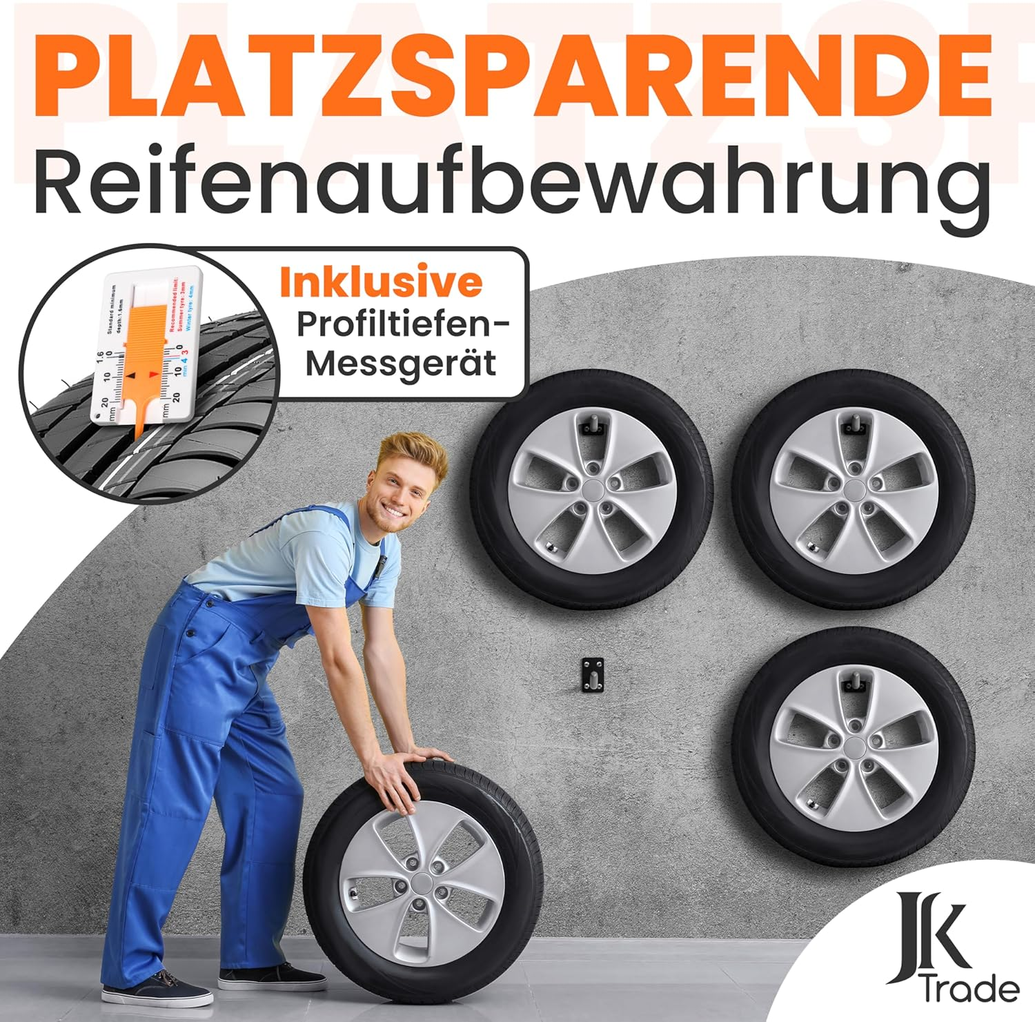 JK Trade&reg; Set of 4 Tyre Wall Mount Set for Car Rims Including Screws and Dowels Set, Rim Protector Wall Hooks for Screwing for Car Tyres, Garden Tools, Alloy Wheels, 40 Kg Load (Grey V1) image number 6