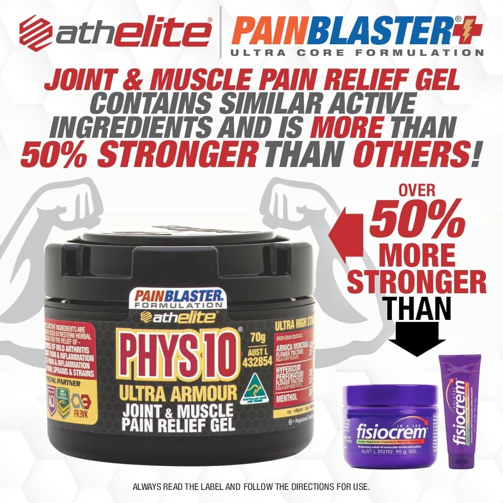 PHYS10 Ultra Armour - Joint and Muscle Pain Relief Gel 70G POWERED by PAIN BLASTER. High Potency TOPICAL ANTI-INFLAMMATORY. Temporary Relief for Mild Arthritis & Mild Osteoarthritis Symptoms, Non-Greasy, Easily Absorbed Gel with HIGH POTENCY ACTIVE INGREDIENTS That Include Arnica, Supports Joint Mobility. image number 1
