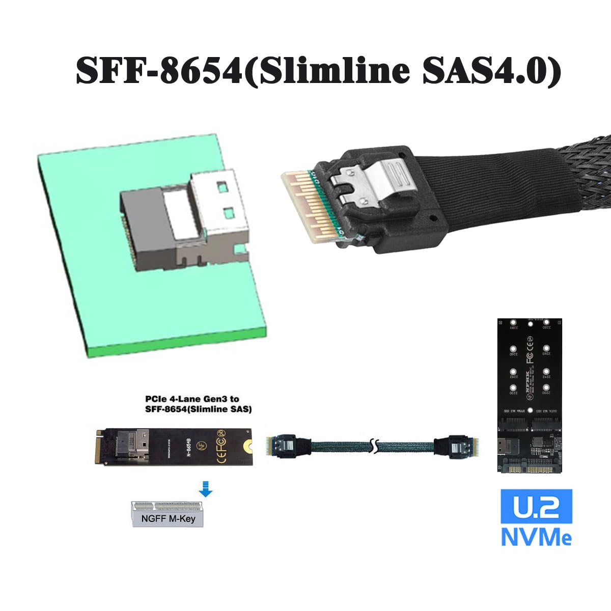 NFHK PCI-E Slimline SAS 4.0 SFF-8654 4I 38Pin Host to SFF-8654 Slim SAS Target Cable 40Cm