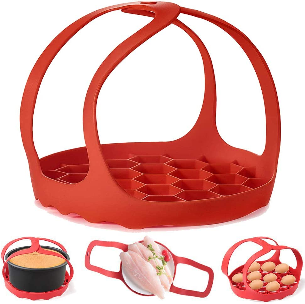 Pressure Cooker Sling，Silicone Bakeware Sling for Instant Pot 6 Qt/8 Qt Anti-Scalding Bakeware Lifter Steamer Rack，Bpa-Free Silicone Egg Steamer Rack (Red)