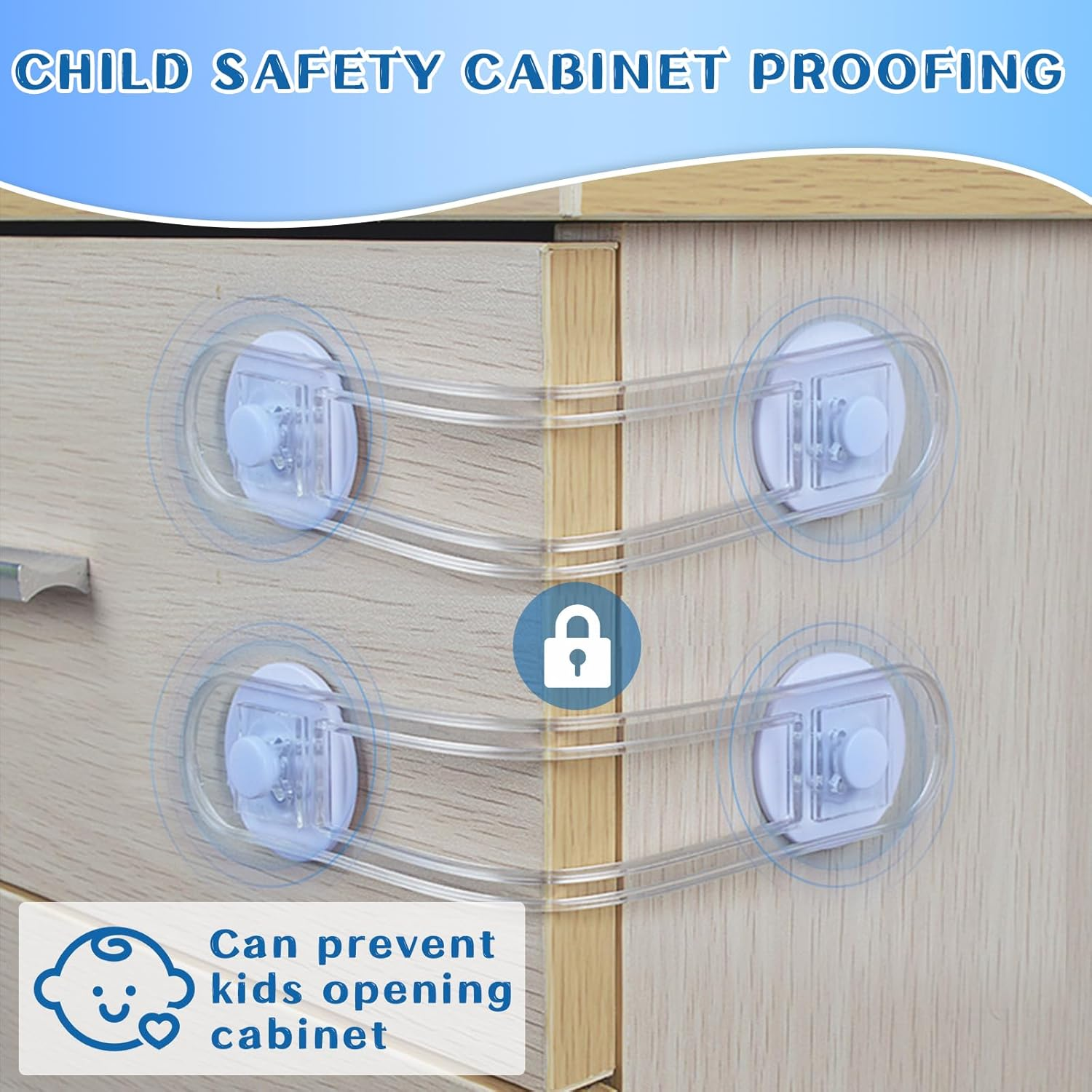 Child Safety Door Lock (14+6 Pack), Baby Proof Cabinet Latches Locks with 3M Self-Adhesive, with 6 Electric Outlet Pulg Covers, No Drilling, Kids Safety Cabinet Locks Straps Drawer Locks image number 2