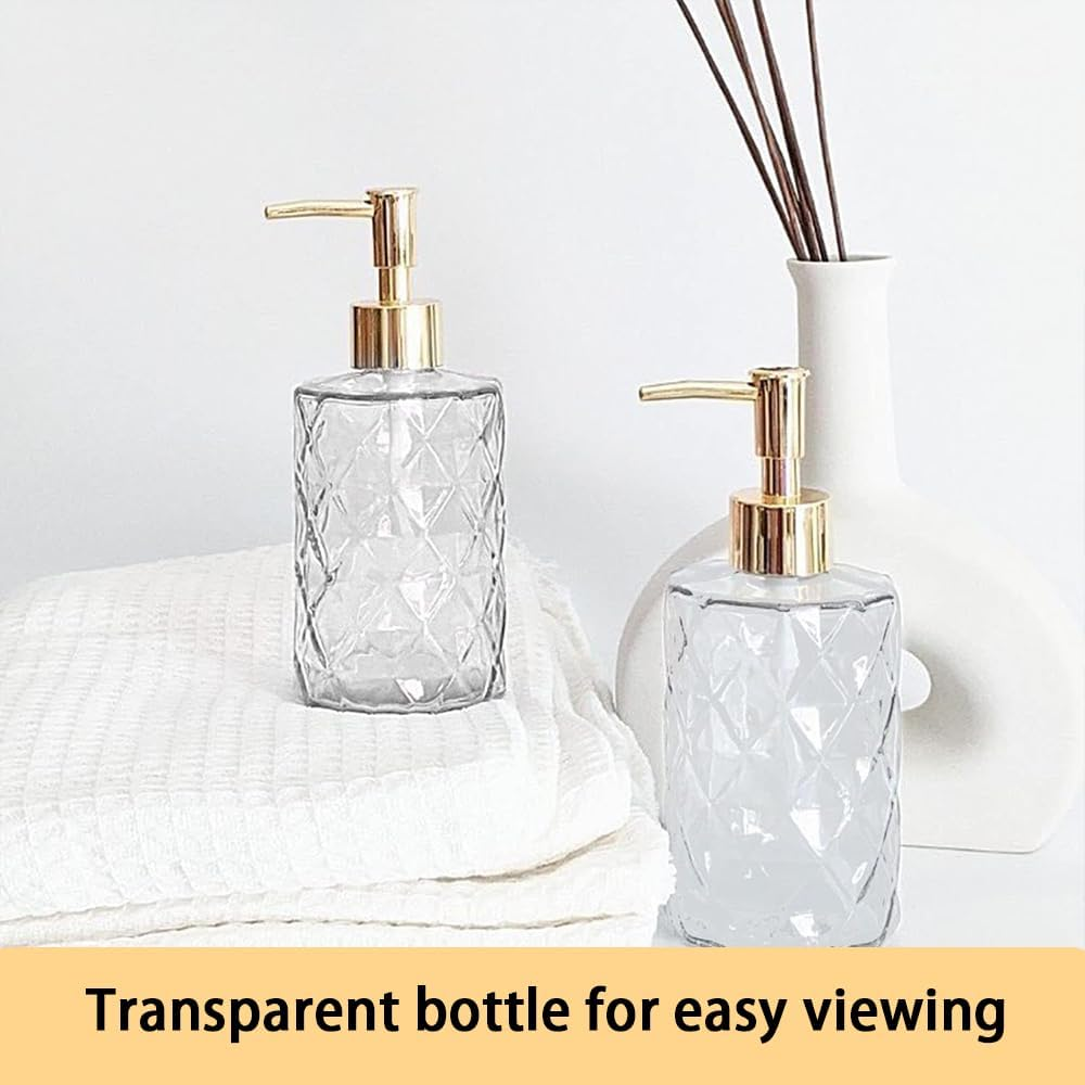 2 Pack 12Oz Diamond Hand Soap Dispenser, Clear Glass Soap Dispenser with Gold Pump, Refillable Lotion Dispenser & Dish Soap Dispenser, Bathroom Soap Dispenser for Liquid, Shower Gel image number 1