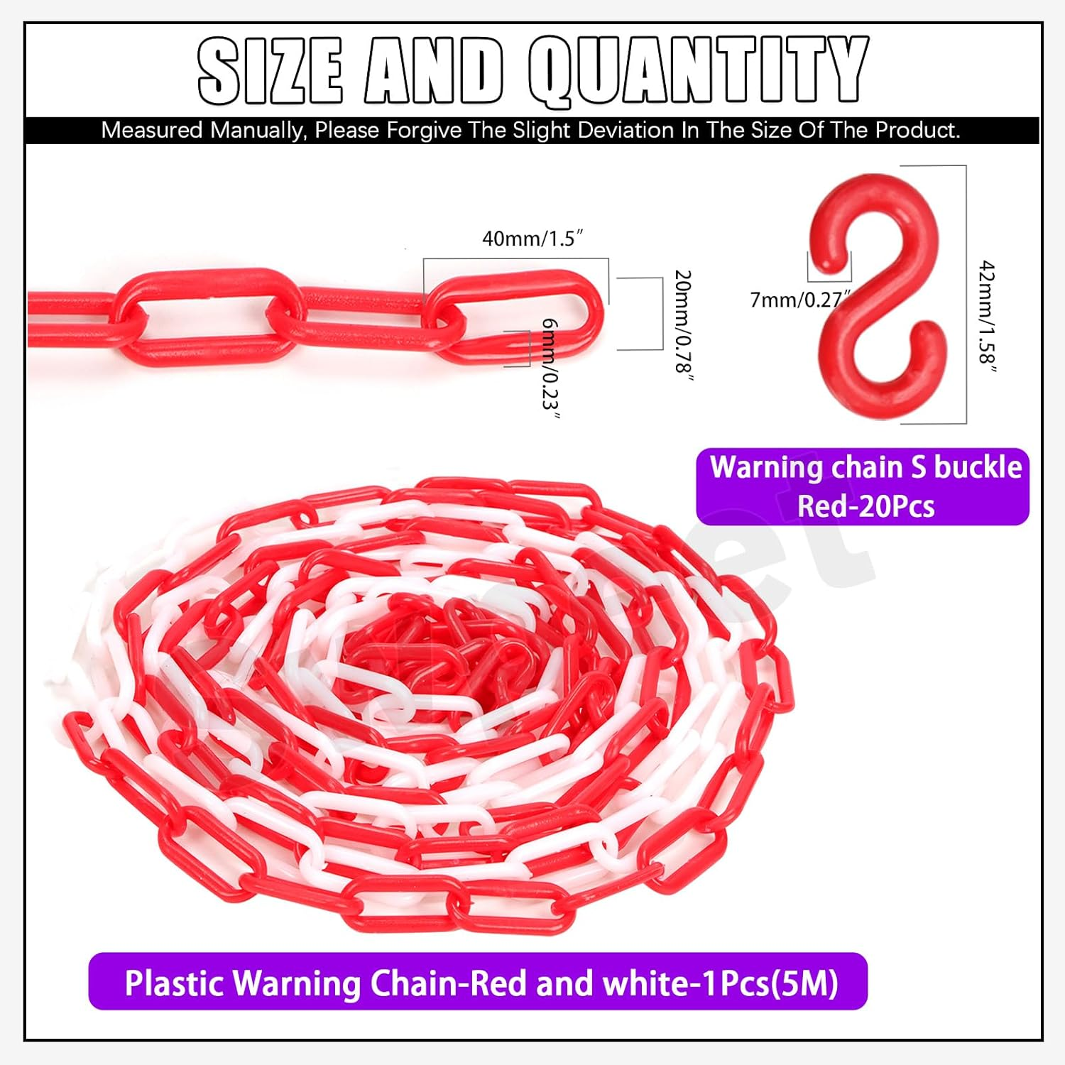 Swpeet 21Pcs 5M X 6Mm Plastic Barrier Chain Red White Plastic Safety Chain Plastic Chain Links with S- Hooks Plastic Chain Barrier Safety Barrier Chain for Fence, Parking, Crowd Control, Queue Line image number 2