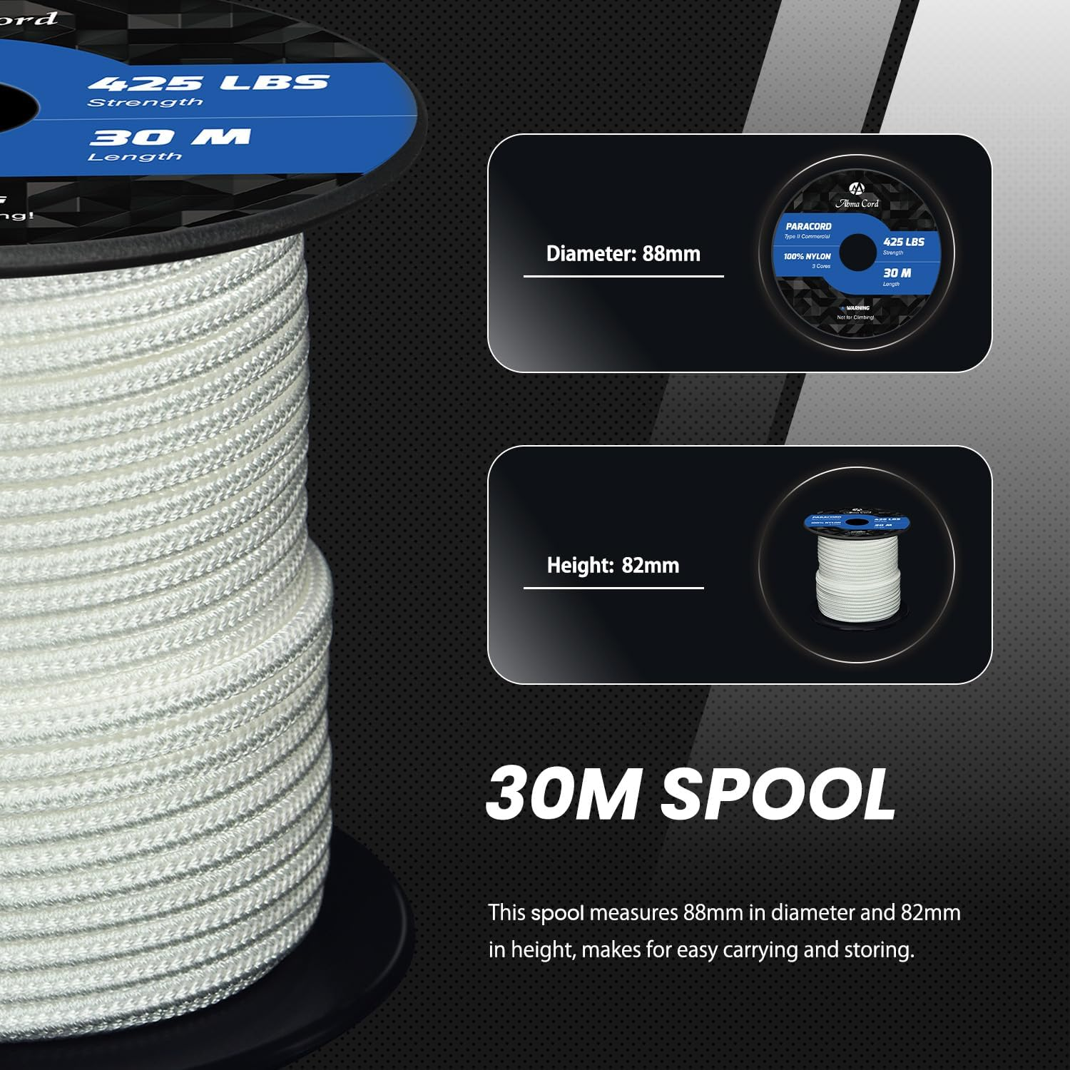 Abma Cord Paracord 3Mm 30M 100% Nylon Rope Type II 3 Strands Parachute Cord - Max. 192Kg (425Lbs) - White - Black image number 7