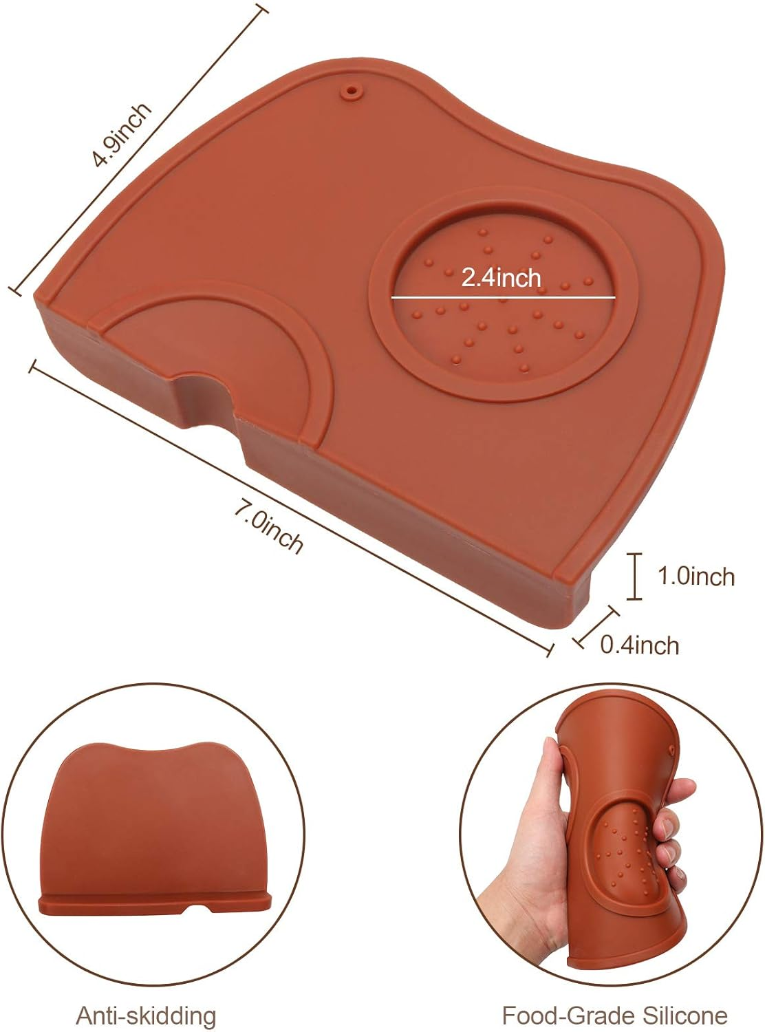 Silicone Coffee Tamper Mat, Ledorr Food Safe Anti-Skid Espresso Tamping Holder, Thick Wear Resistance Fluted Coffee Grind Corner Mat, Tamp Pad Tool Accessory for Home Cafe Maker, Medium Brown - Brown image number 6