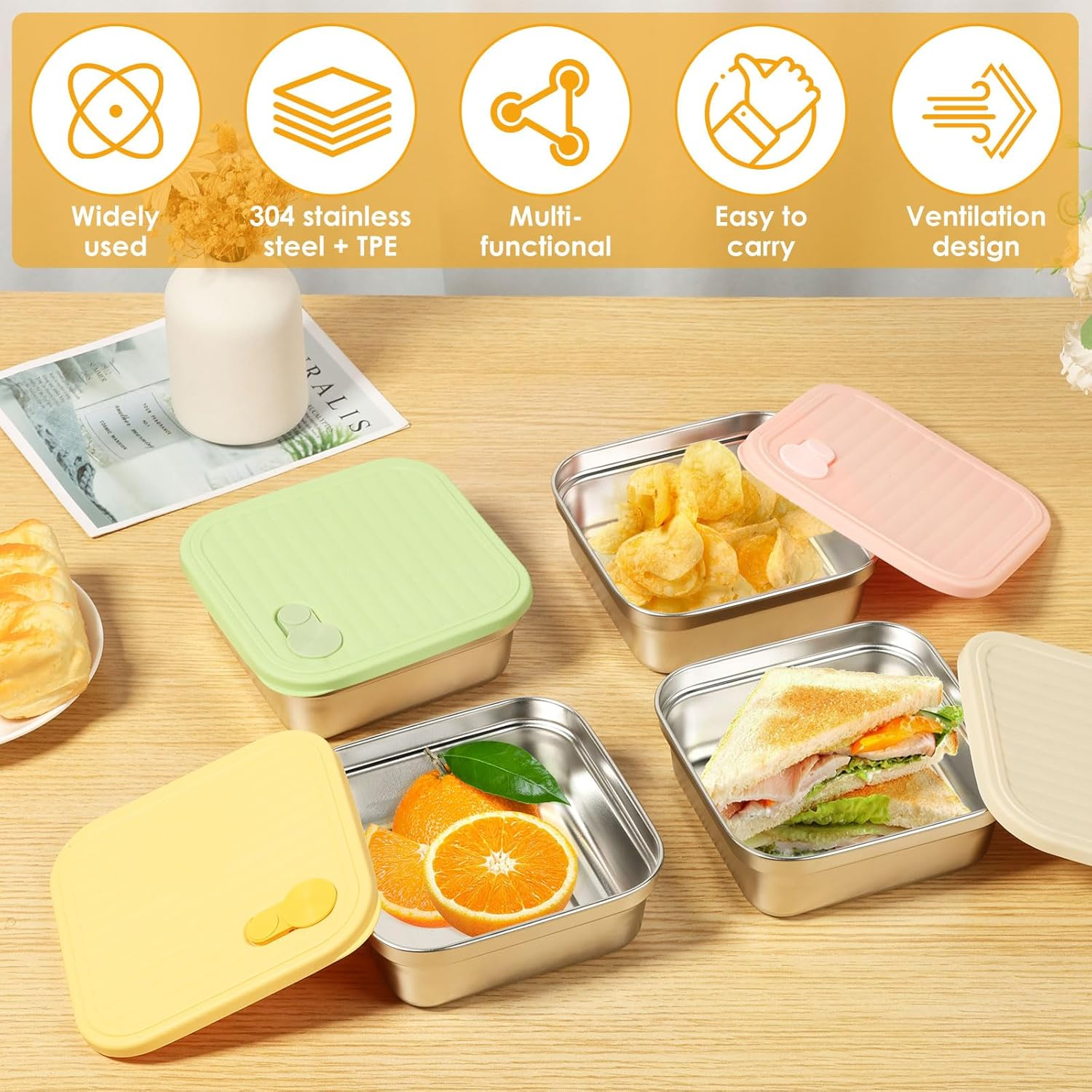 Rdjeokf 4 Pcs Sandwich Containers, Stainless Steel Bento Lunch Box with Airtight Lid, Leakproof Sandwich Box, 21 Ounce Food Storage Containers for Kitchen, Fridge, Travel (01) - 02 image number 2