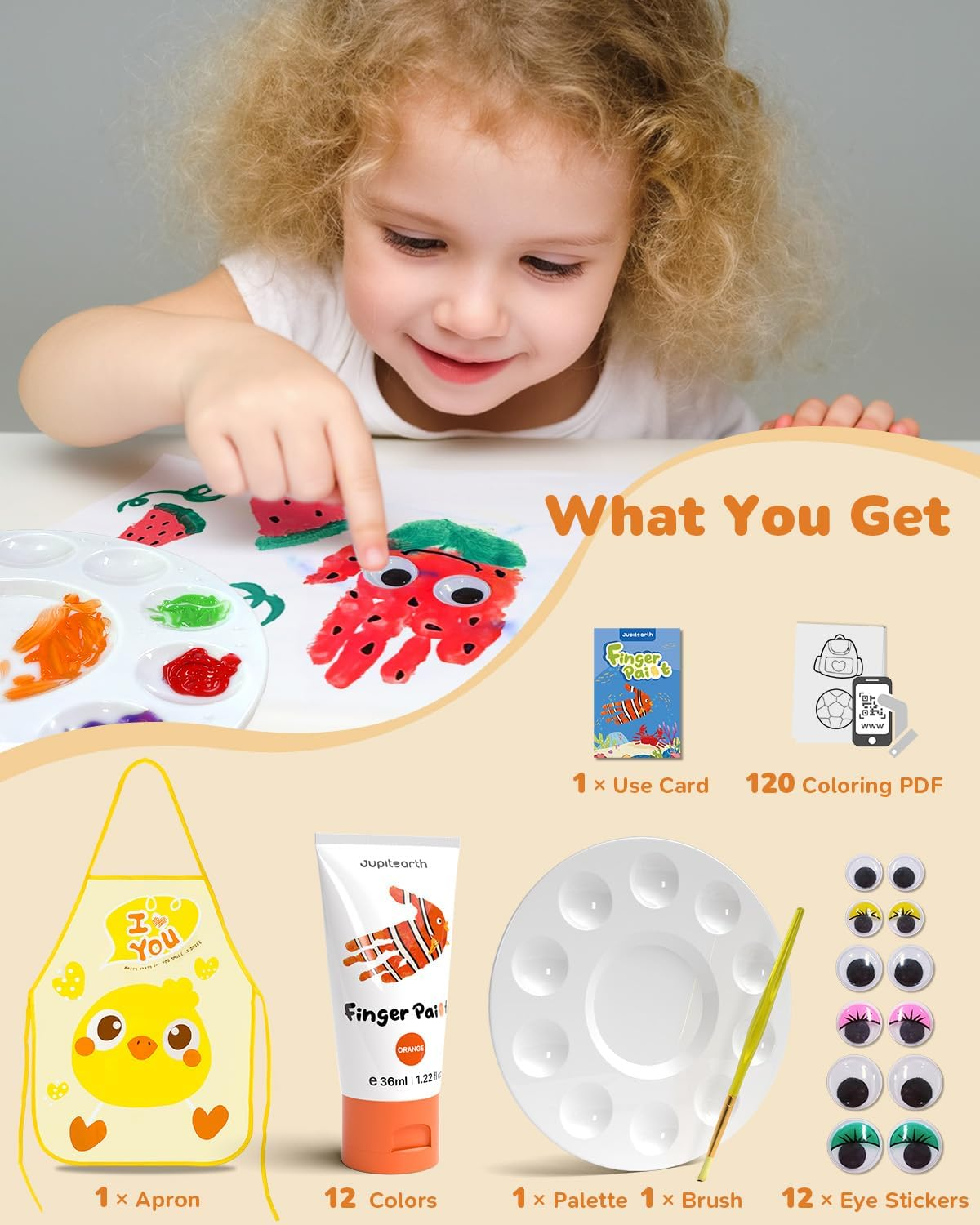 28 PCS Finger Paint, Washable Paint for Todllers 1-3, Non-Toxic 12 Vibrant Colors (1.22Fl Oz/36Ml ) , Palette, Apron, Brush, Eye Stickers, Baby Safe Paints for Hand and Feet, Safe Preschool Art Supplies for Kids image number 1