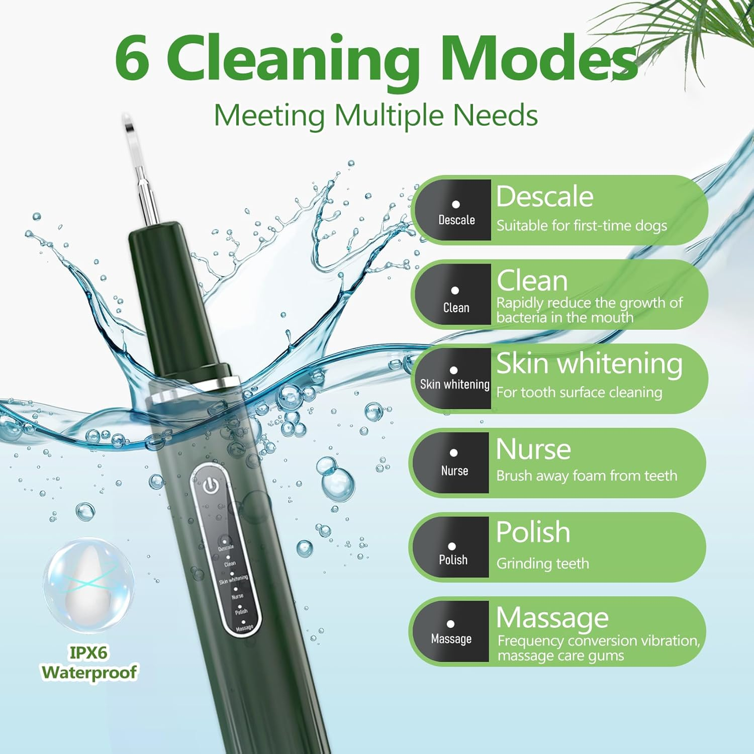 Opdent Dog Plaque Remover for Teeth - Pet Ultrasonic Tooth Cleaner, 6 Adjustable Modes Dog Teeth Cldaning Kit with LED Light, Cats and Dogs Tartar Remover for Teeth (Green, Large) image number 4