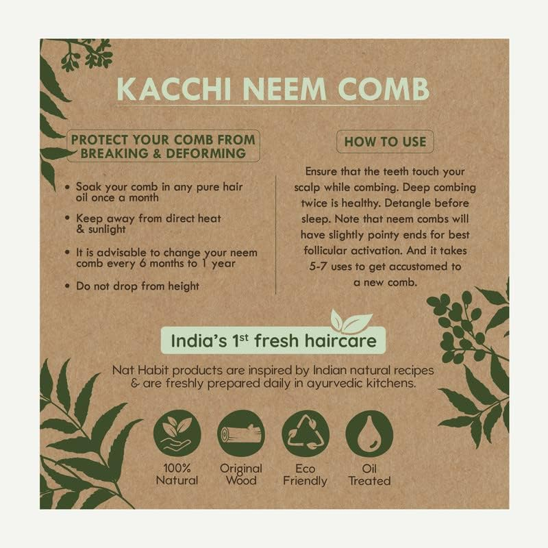 Nat Habit Kacchi Neem Wooden Comb - Soaked in 17 Herbs, Neem & Sesame Oil for Multi-Actions - Detangling, Frizz Control & Shine, Suited for All Hair Types (Fine Tooth) image number 2