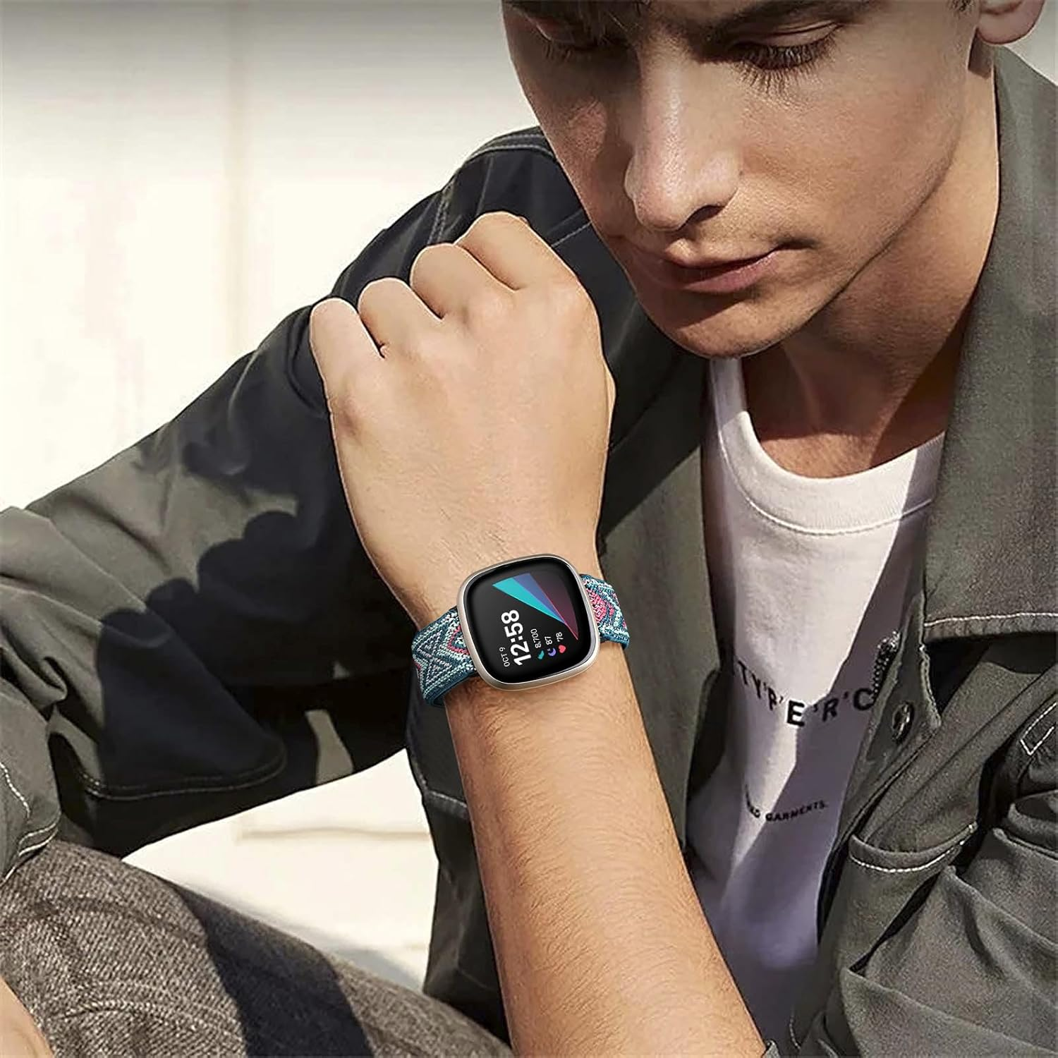 Elastic Band Compatible with Fitbit Sense/Sense 2/Versa 4/Versa 3 for Women Men, Adjustable Stretchy Nylon Solo Loop Sport Wristbands, Strap for Watch image number 4