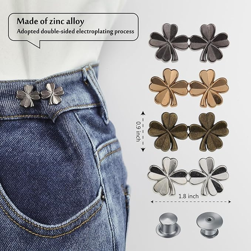 Adjustable Jeans Button 4-Pack | No-Sew Pant Waist Tightener for Loose Pants/Shorts/Denim | Zinc Alloy Detachable Clips for Weight Loss, Pregnancy & Curvy Fit (Multi-Color) image number 1