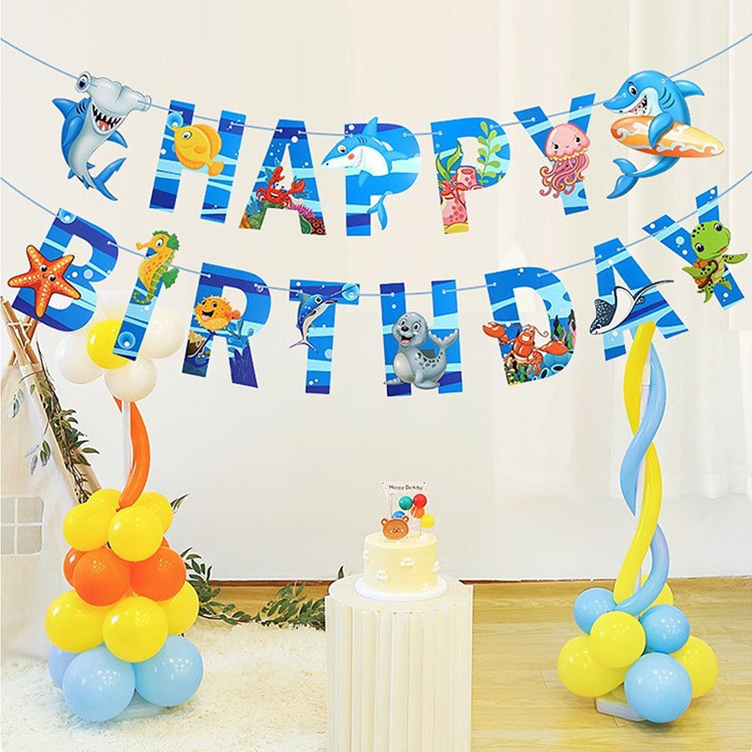 Ocean Theme Happy Birthday Decorations,Underwater World Banner 15 PCS Galaxy Party Sign, Birthday Party Decorations，Ocean Theme Decorations, Underwater World Party Supplies. image number 6