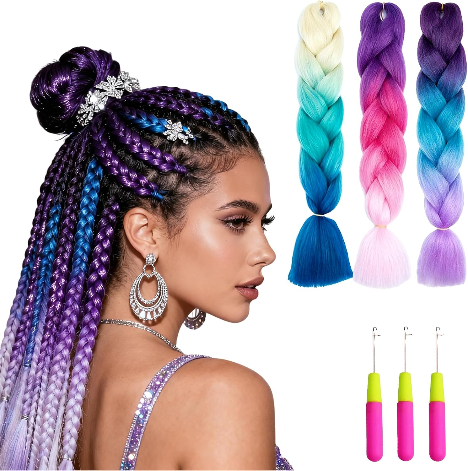 Raheem Pack of 3 Jumbo Braids Hair 24 Inch Braided Hair Extensions Colour Gradient 3 Colours Jumbo Braided Hair Extensions with 3 Crochet Hooks, Fashionable Synthetic Hair for Braiding Hair image number 1